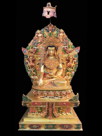 Buddhist Handmade Statue Of Crown Shakyamuni Buddha On Throne, [full Gold Plated, Stone Setting, Face Painted]