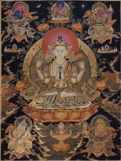Buddhist Handmade Thangka Of Chenrezig, [real Gold, Hand Painted], Real Gold