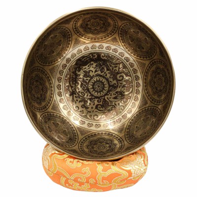 Buddhist Hand Beaten Jambati Singing Bowl, With Super Fine Etching Carving, [flower Design], [select Accessories]