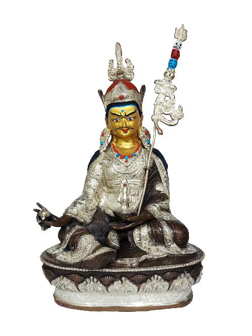 [padmasambhava] Buddhist Handmade Statue, [silver And Chocolate Oxidized], Wtih [face Painted]
