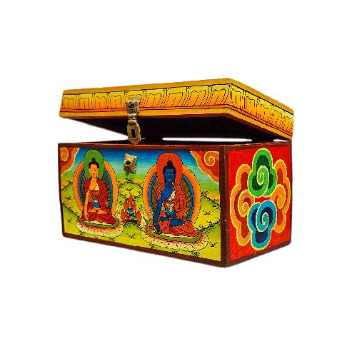Buddhist Wooden Box With [shakyamuni And Medicine Buddha], Tibetan Style With Traditional Colors