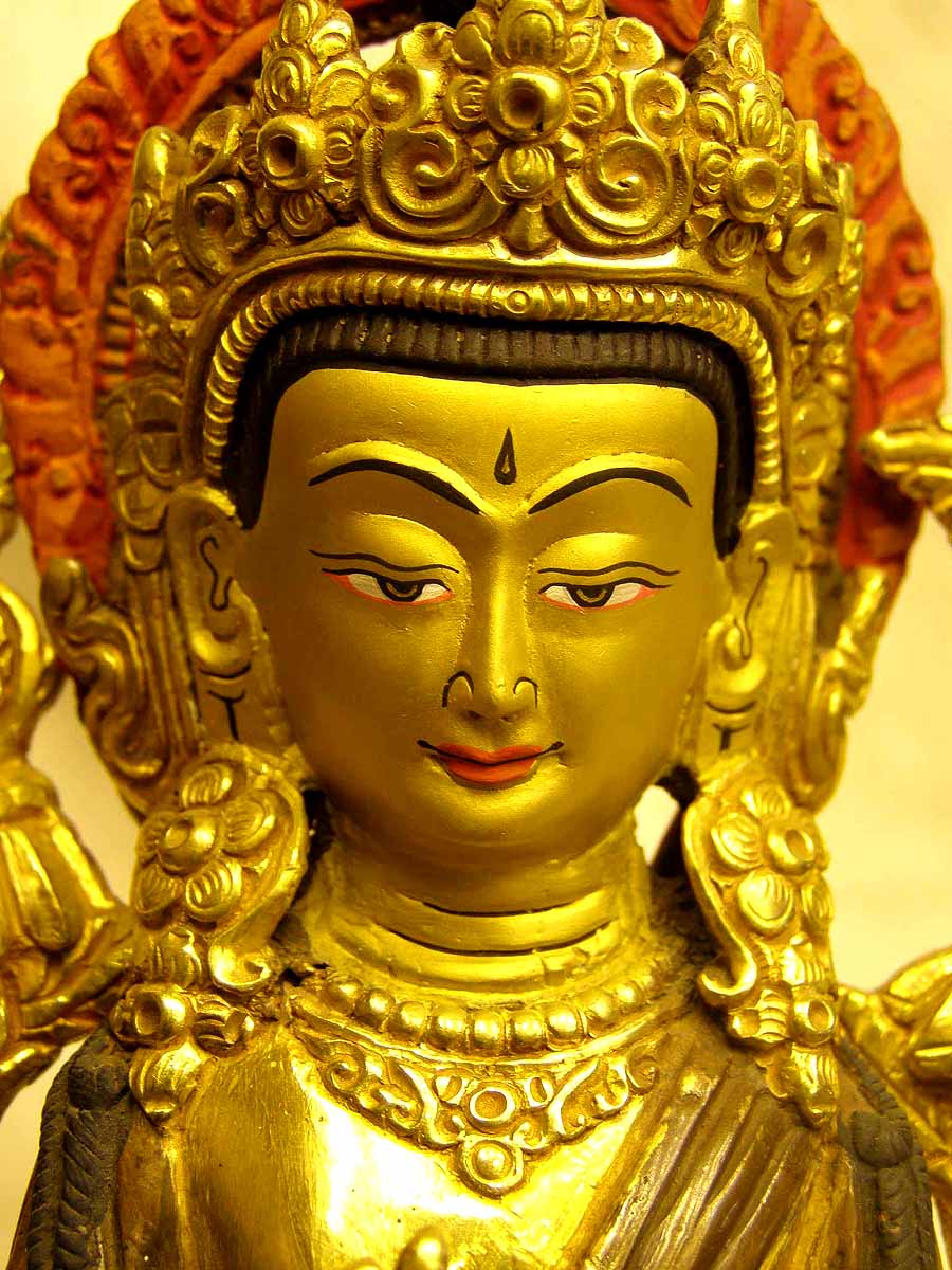 Maitreya Buddha Statue Partly Gold Plated With Painted Face, old Post, remakable