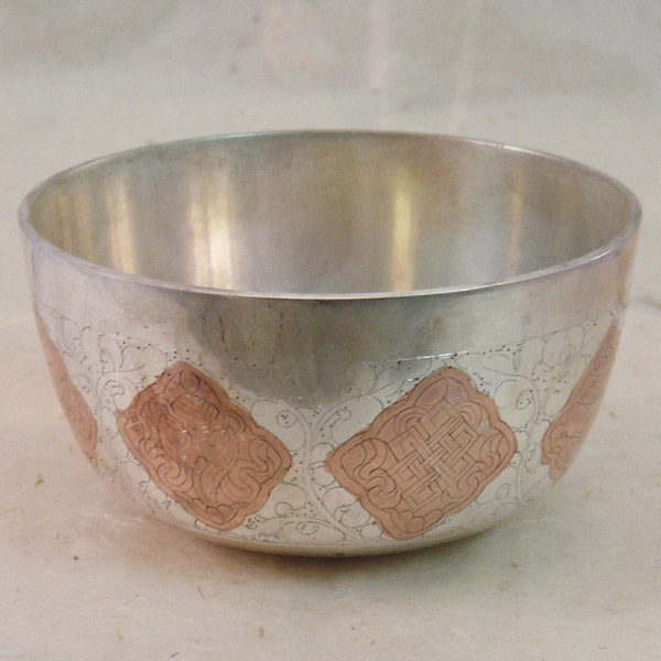 Carved - Deep Ashtamangala Design Silver Washed Singing Bowl