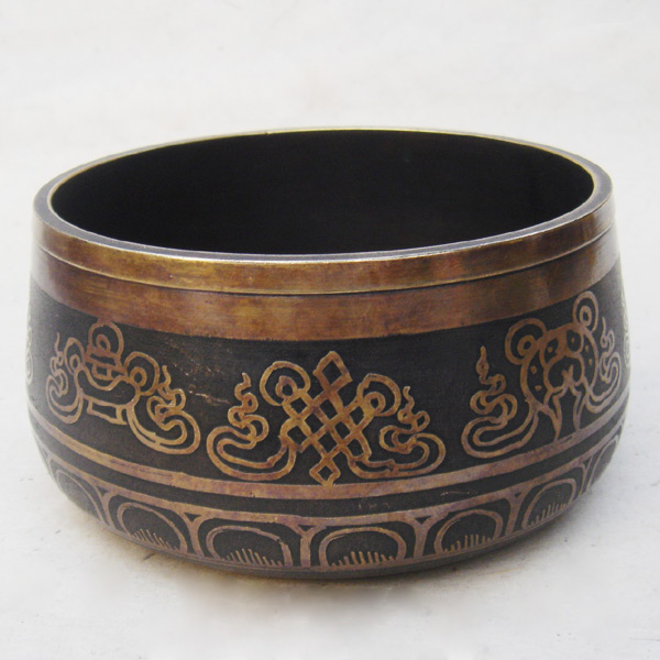 Etching - Japanes Ashtamangala Design Oxidized Singing Bowl