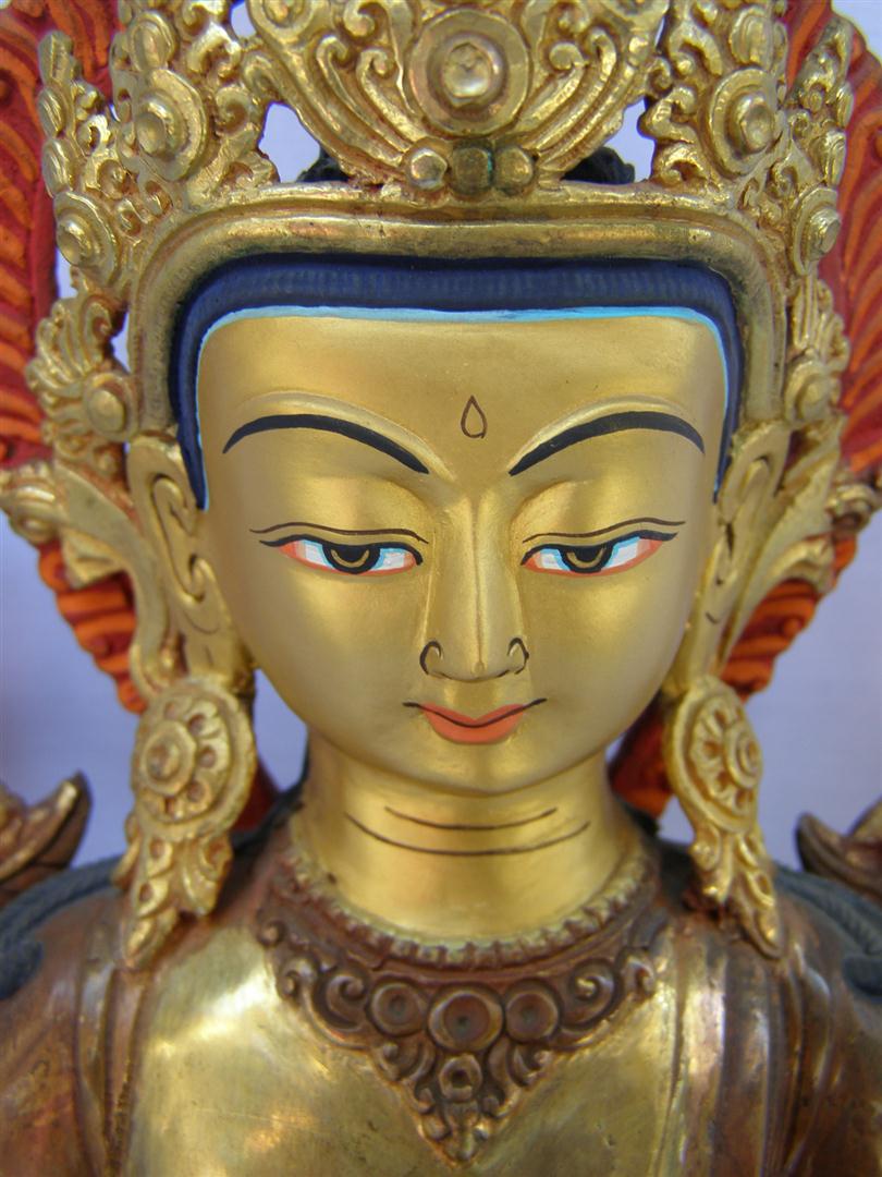 Maitreya Buddha Statue, partly Gold Plated, painted Face, old Post, remakable