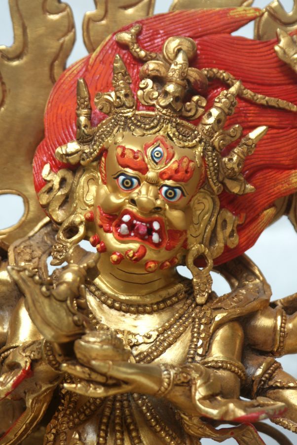 Black Mahakala Statue, Full Gold Plated, Painted Face