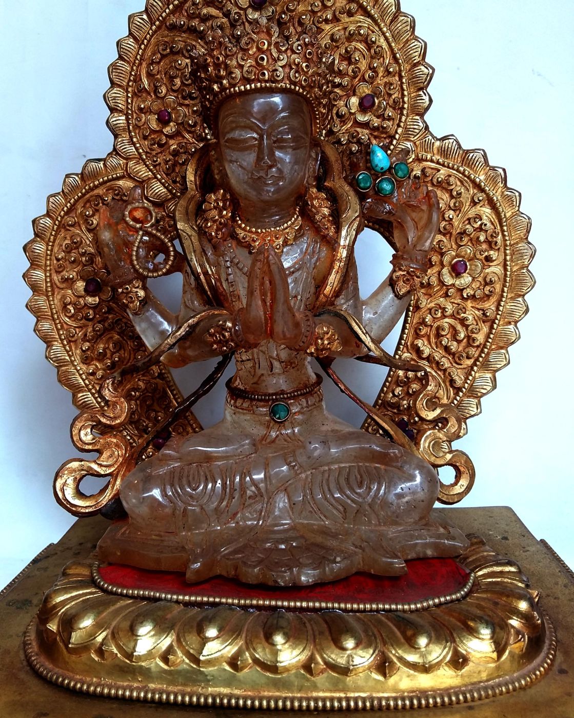 Crystal Chenrezig with Gold Plated, Metal Background And Base