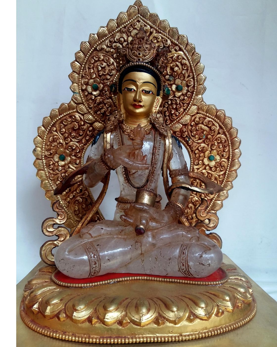Crystal Vajrasattva With fire Gold Plated, Metal Background And Base