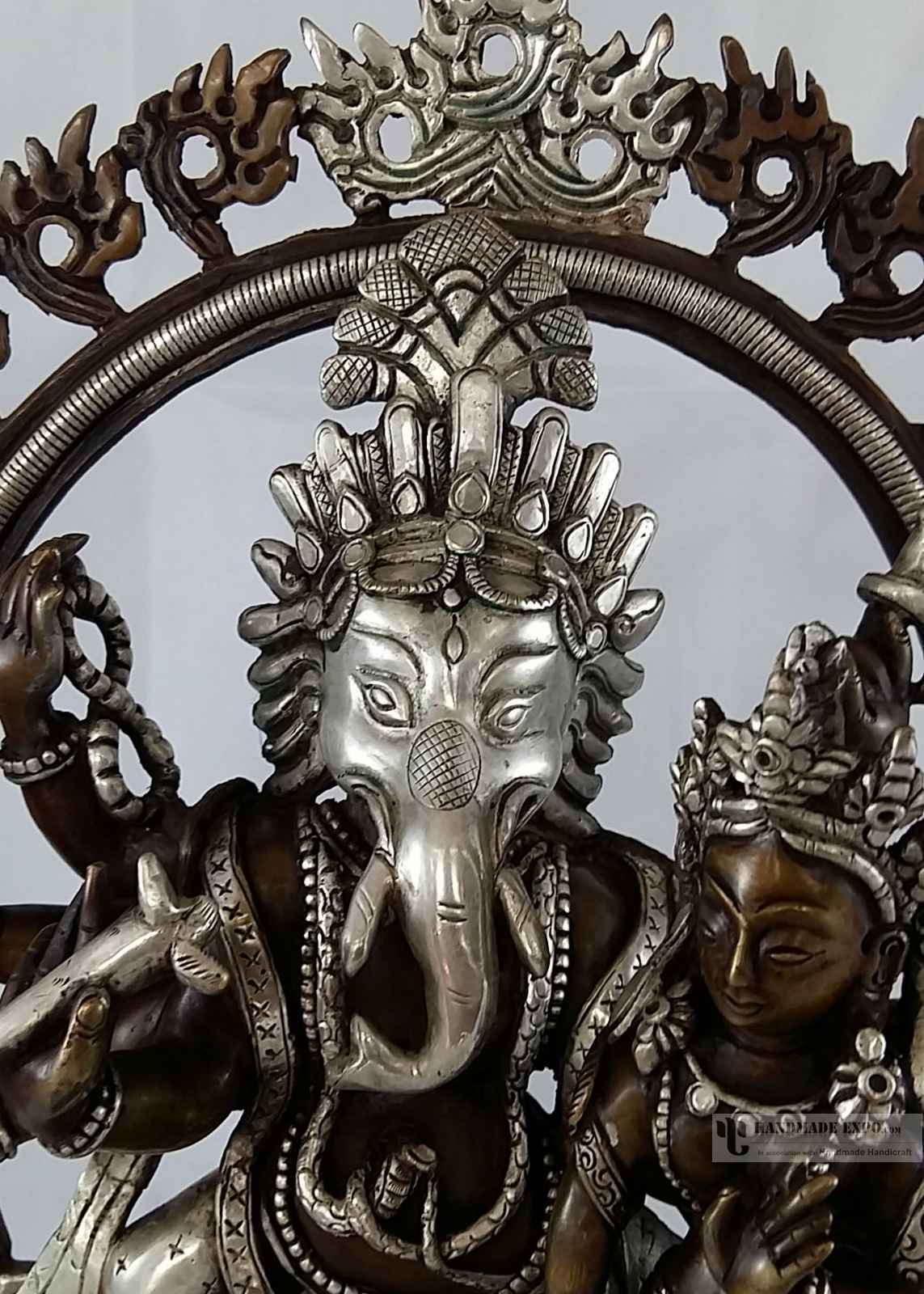 One Of A Kind Statue Of Ganesh With Consort, shakti, Yab-yum- master Quality Partly Silver Plated, rare Find, old Post, remakable