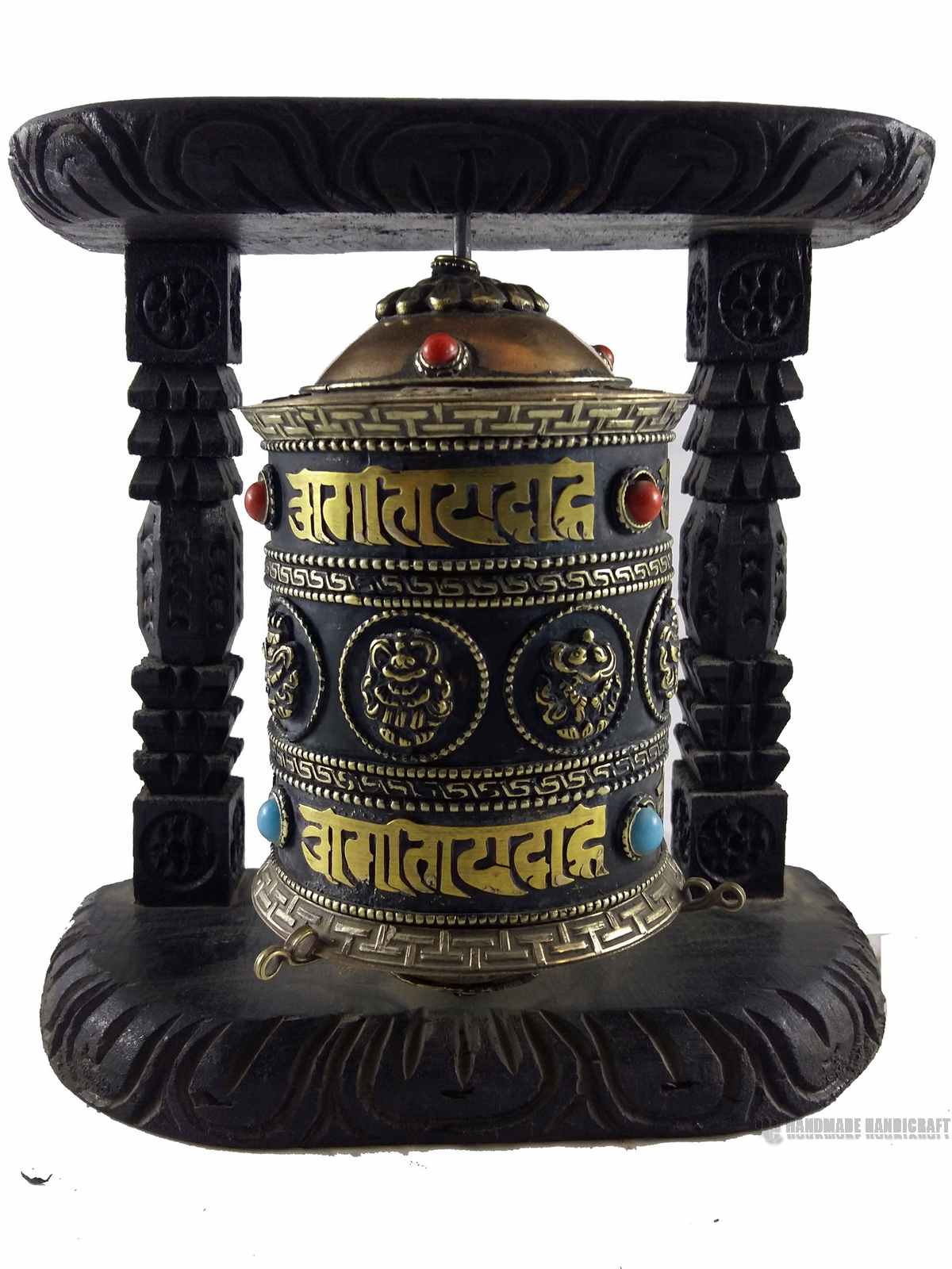 Brass Prayer Wheel On Wooden Frame - Ashtamangala, Wall Mountable