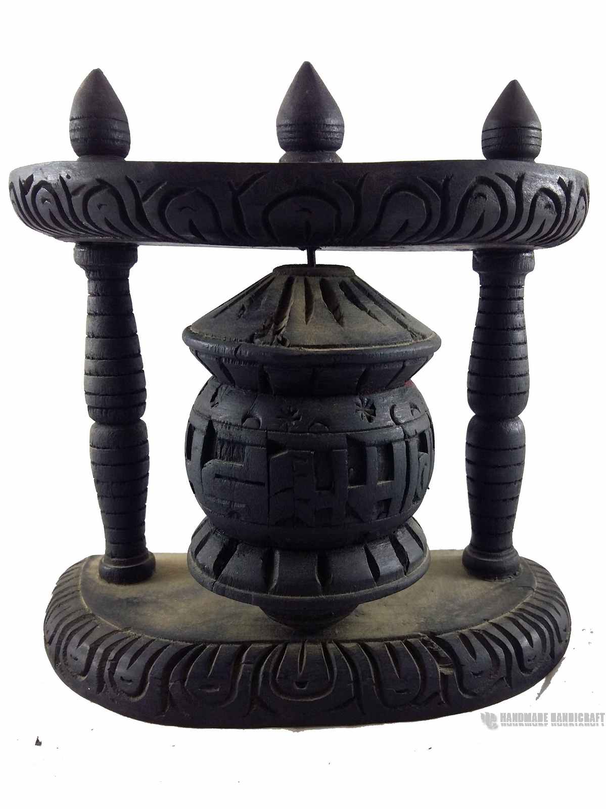 Wooden Prayer Wheel On Wooden Stand, Wall Mountable