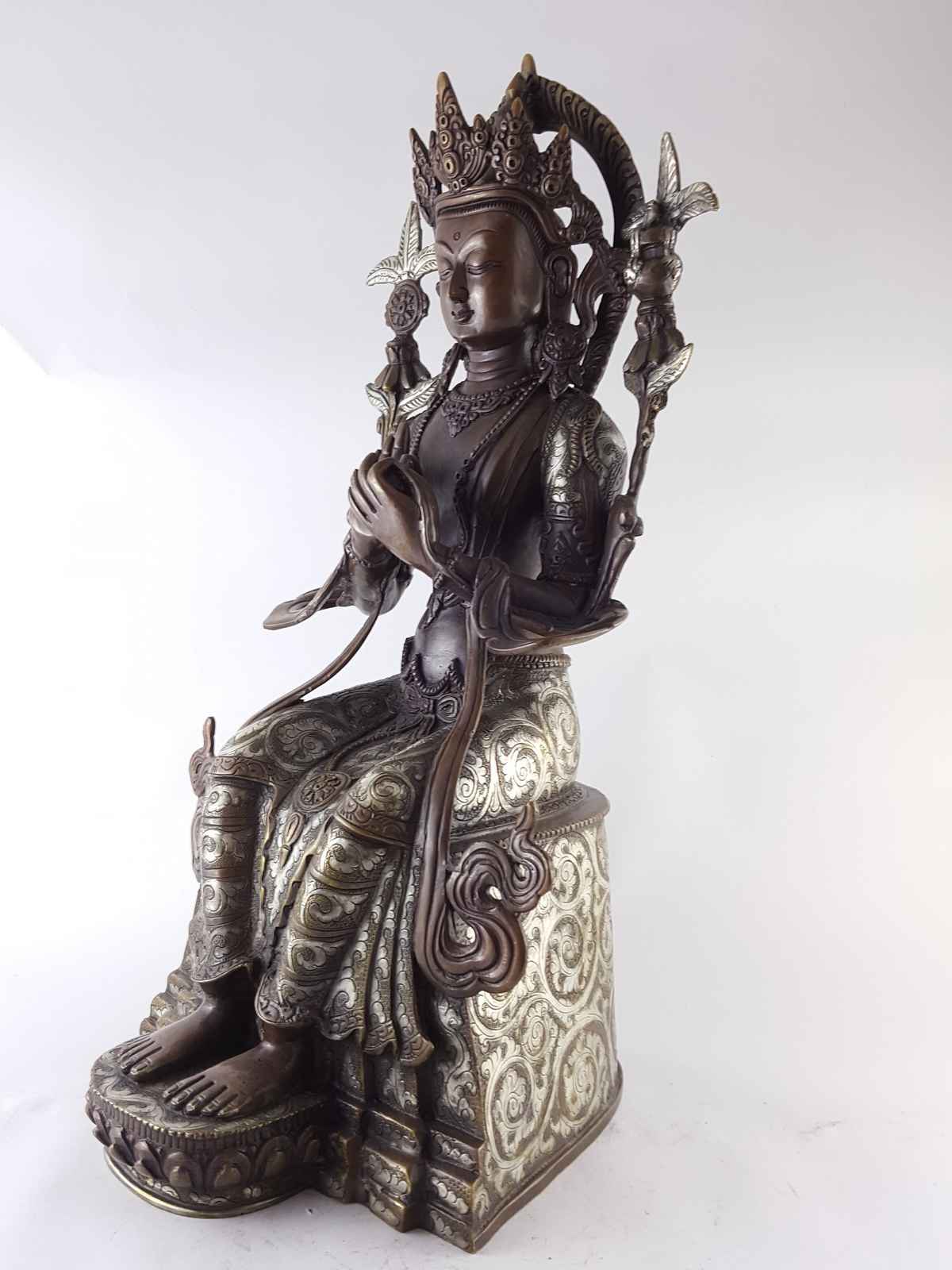 Maitreya Buddha Statue - copper, silver Plated, chocolate Oxidized