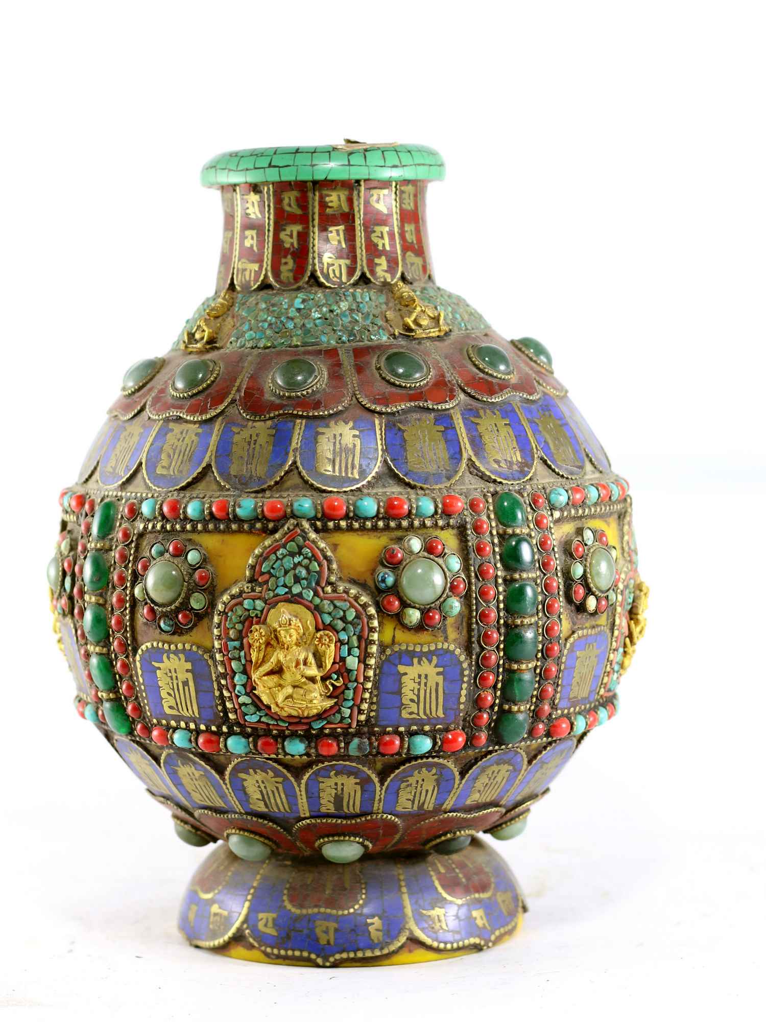 Tibetan Flower Vase : Vase With stone Setting, padmasambhava, Green Tara, Vasudhara, Manjushri, tourquise, Amber, Coral And Lapis