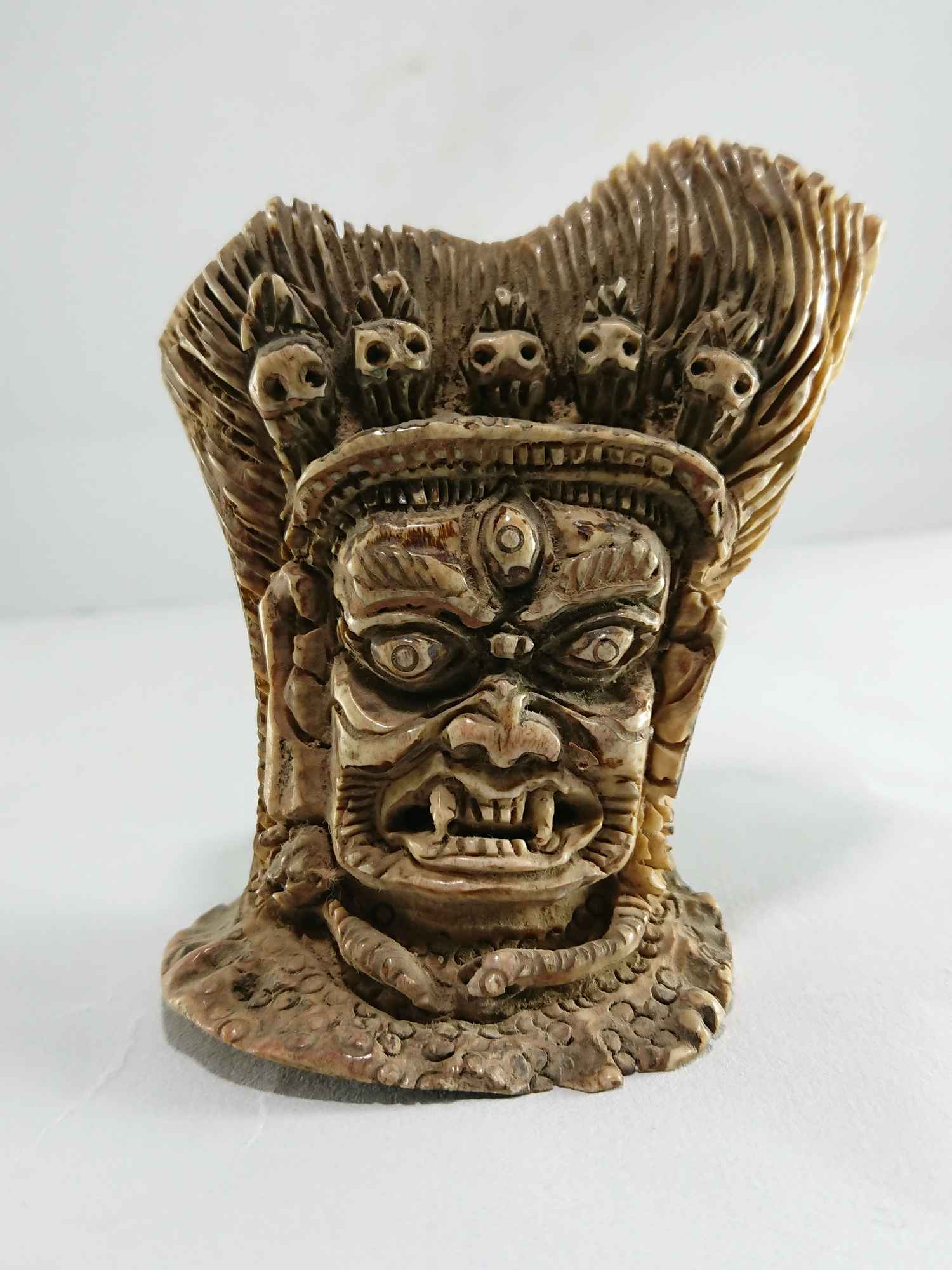 Tibet Tantra Old Cattle Bone Carved Mahakala Head