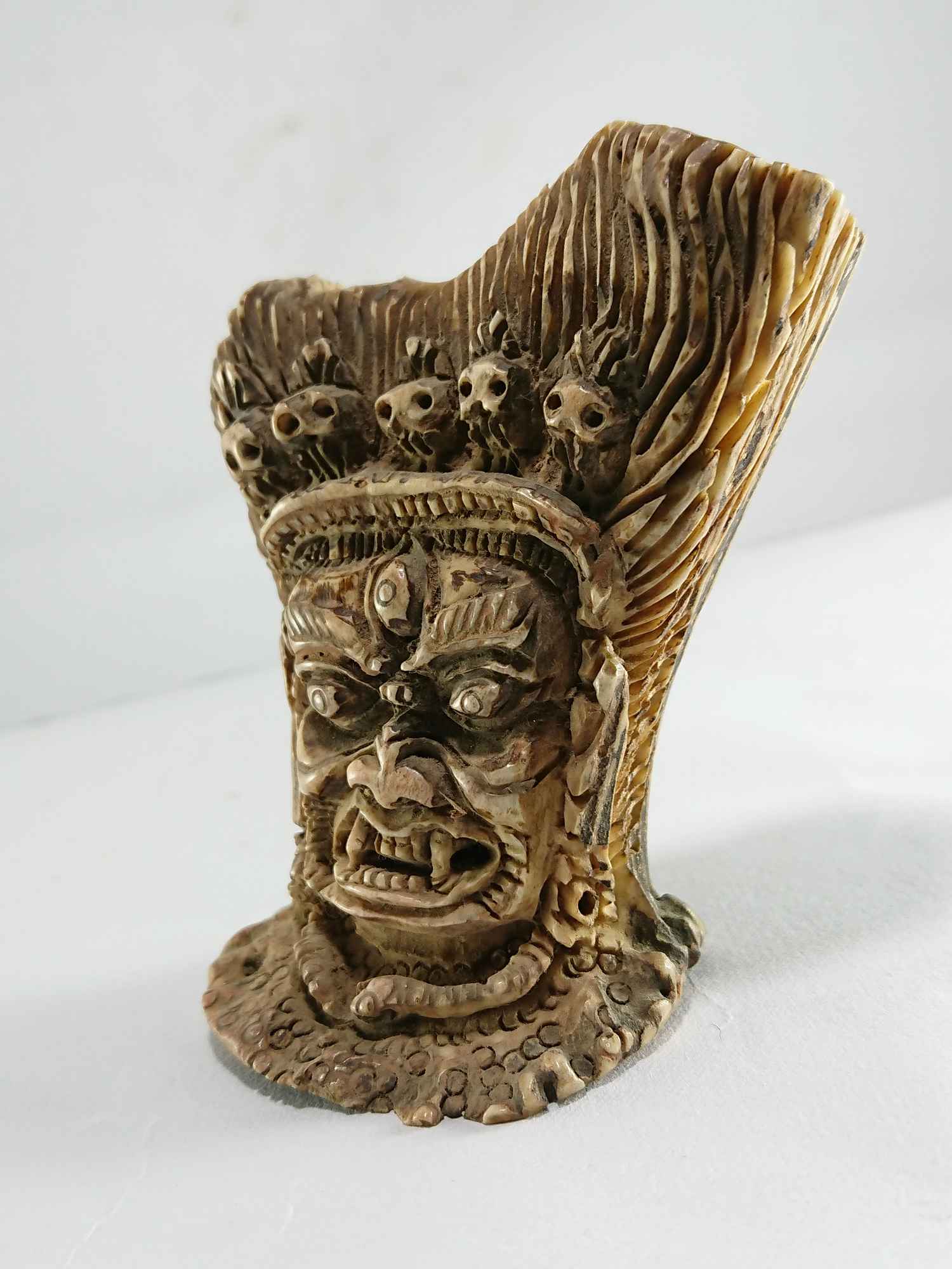 Tibet Tantra Old Cattle Bone Carved Mahakala Head