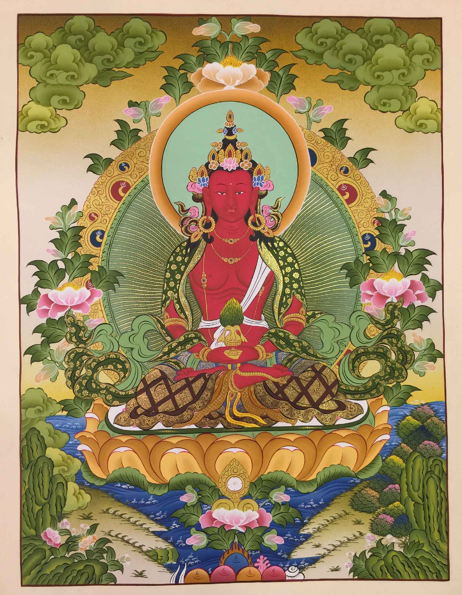 Amitayus, Aparimita Tibetan Hand Painted Buddhist Thangka <span Style=