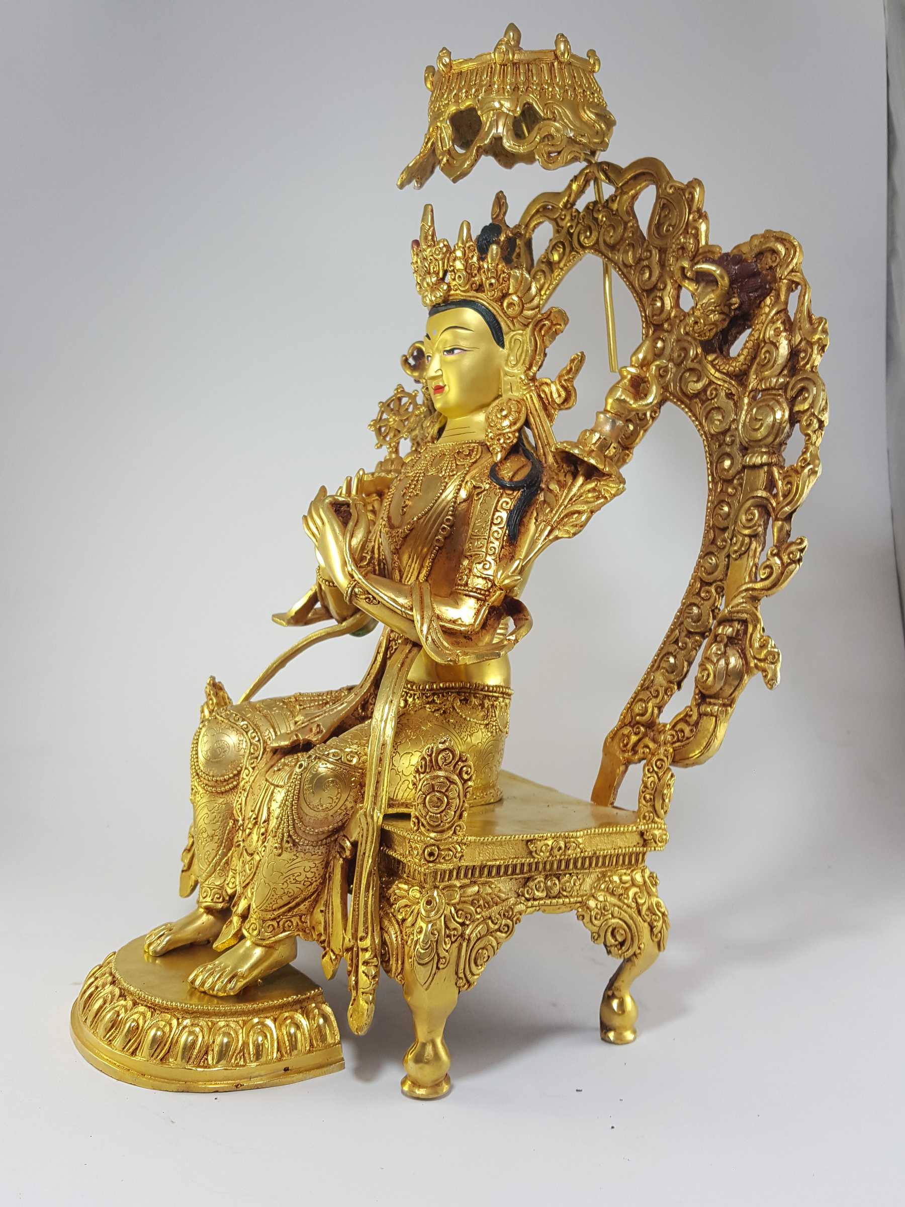 Statue Of Maitreya Buddha full Gold Plated, painted Face, deep Hand Carving