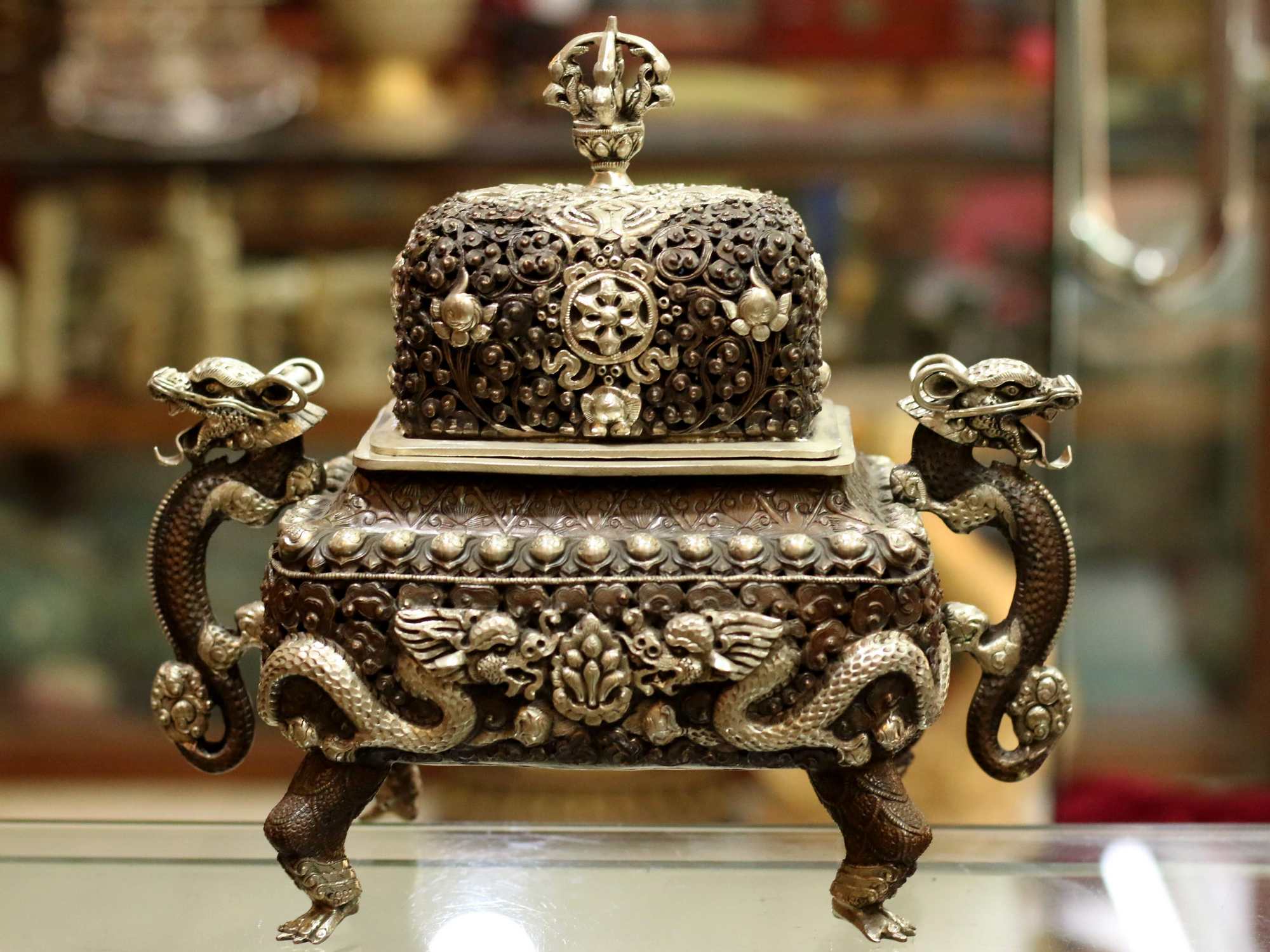 Copper Dragon Incense Burner Silver Plated Copper Oxidized, <span Style=