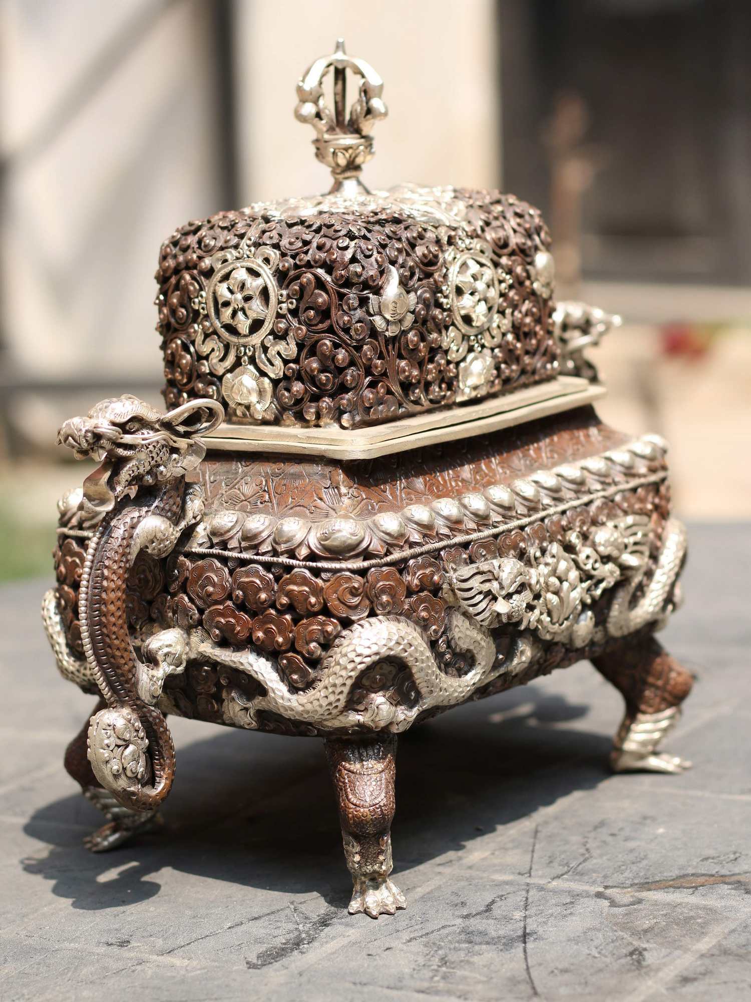 Copper Dragon Incense Burner Silver Plated Copper Oxidized, makal, Maka, Incense Burner