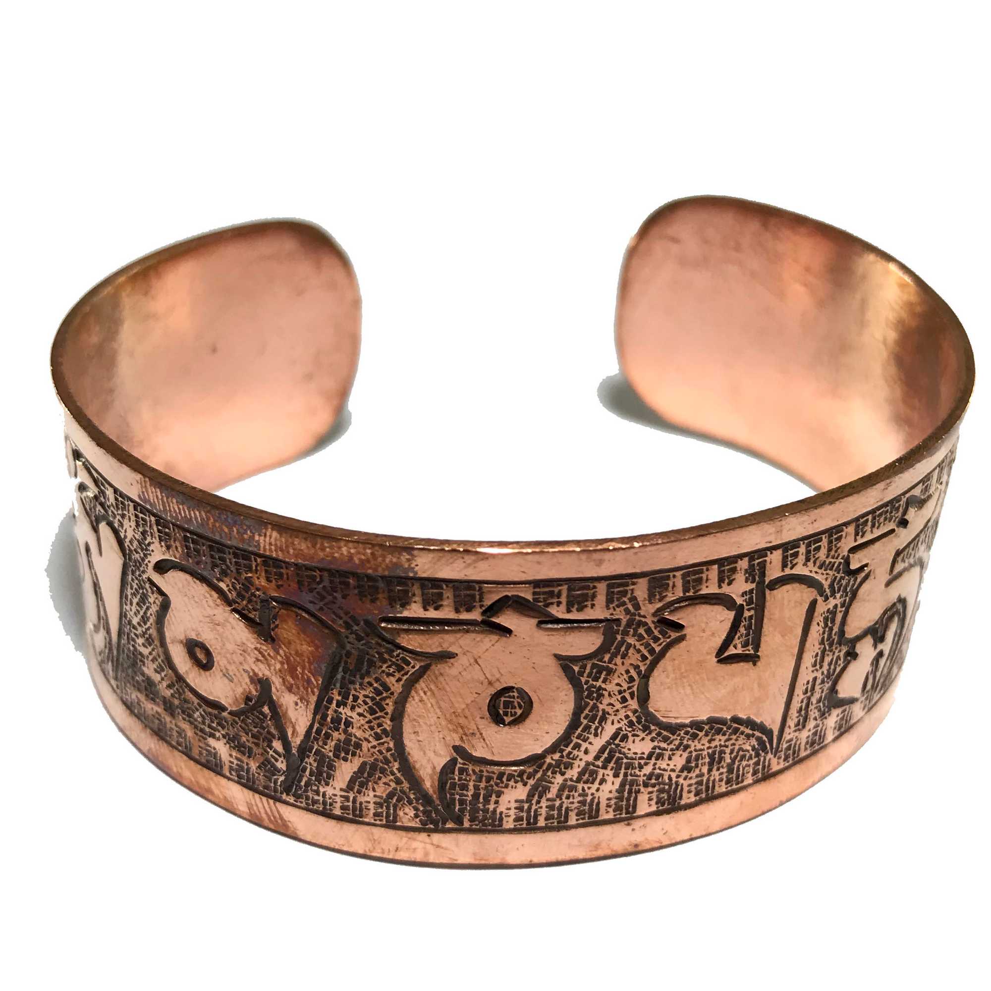 Metal Bracelet Copper Om Mani Padme Hum Carved, Free Size