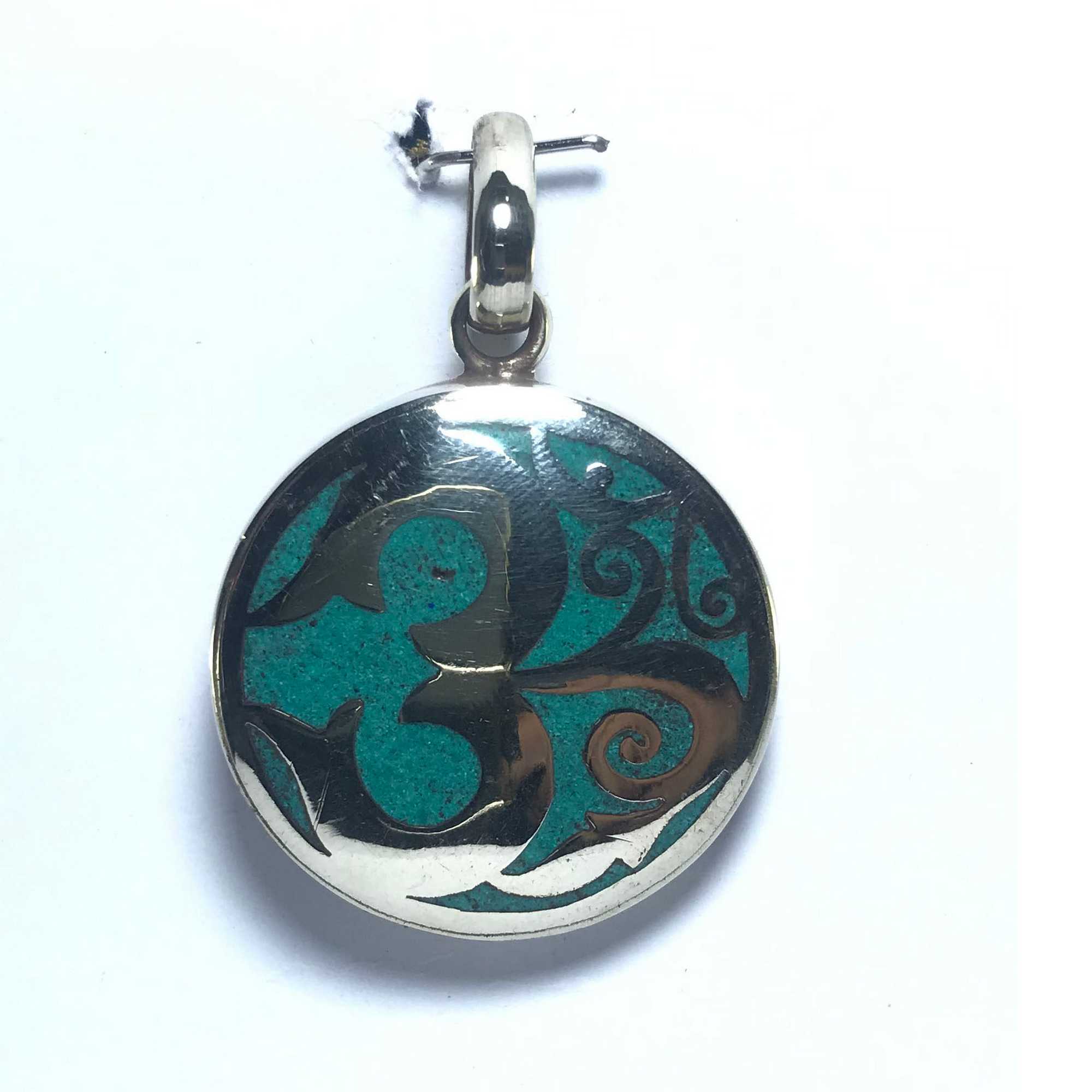 White Metal Tourquise Color Om Pendant <span Style=