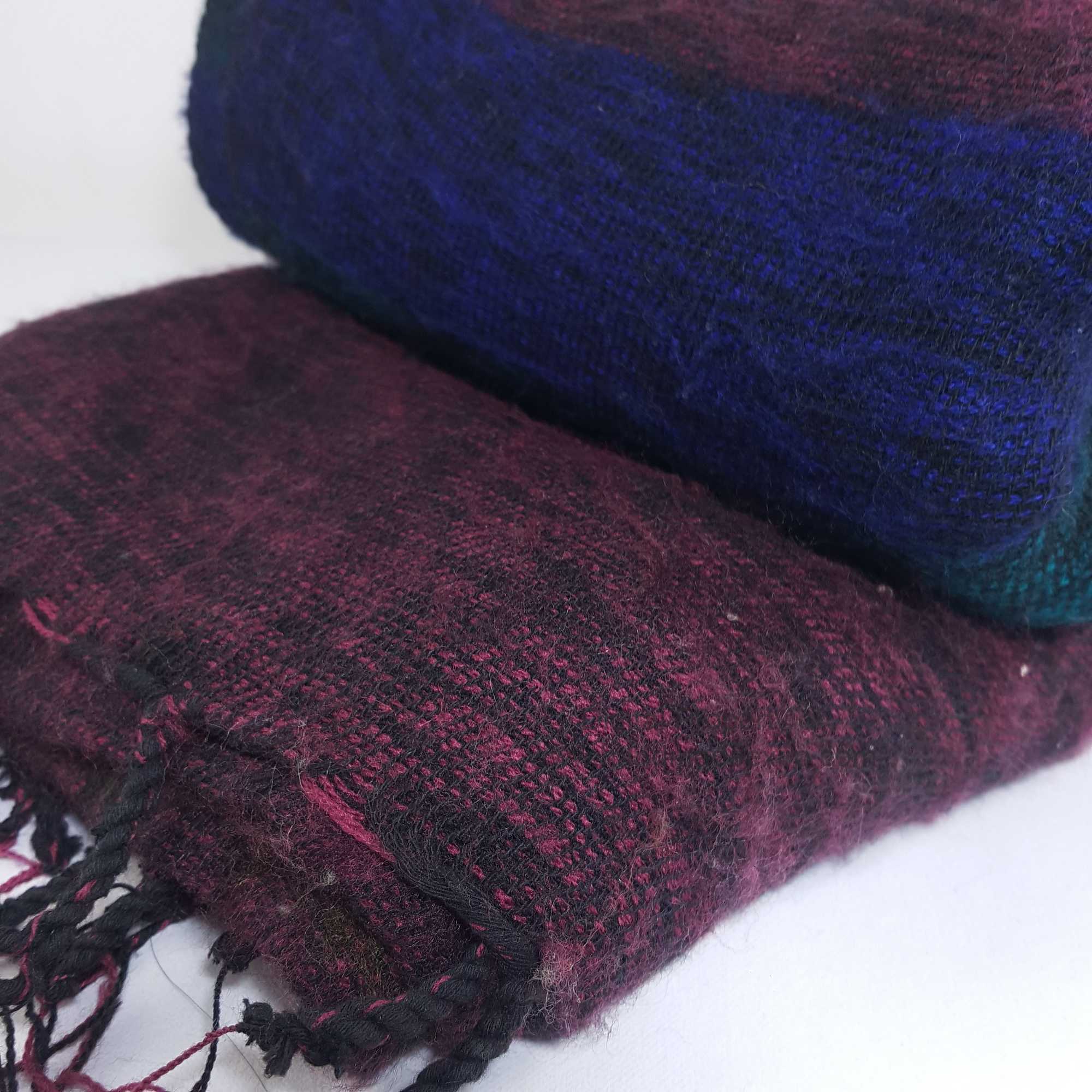 Yak Wool Shawl, Nepali Acrylic Hand Loom Shawl, purple,blue, Dark Blue Stripe