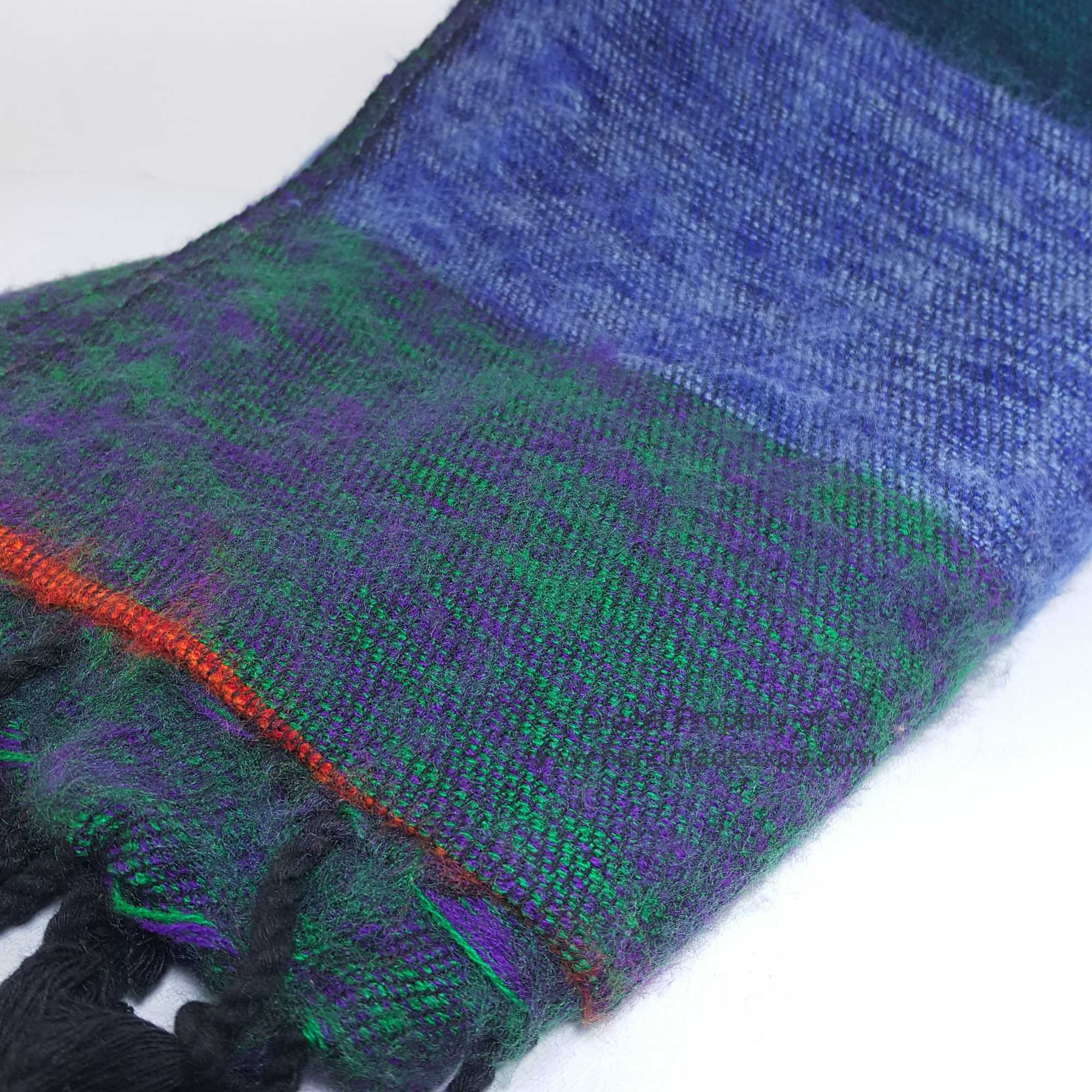 Yak Wool Shawl, Nepali Acrylic Hand Loom Shawl, 3 Shades Of Blue, Orange