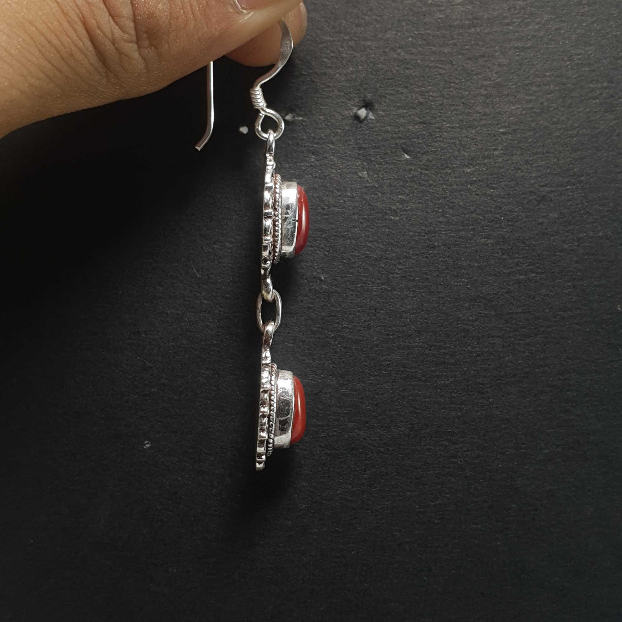 Silver Earrings With real Coral Stone
