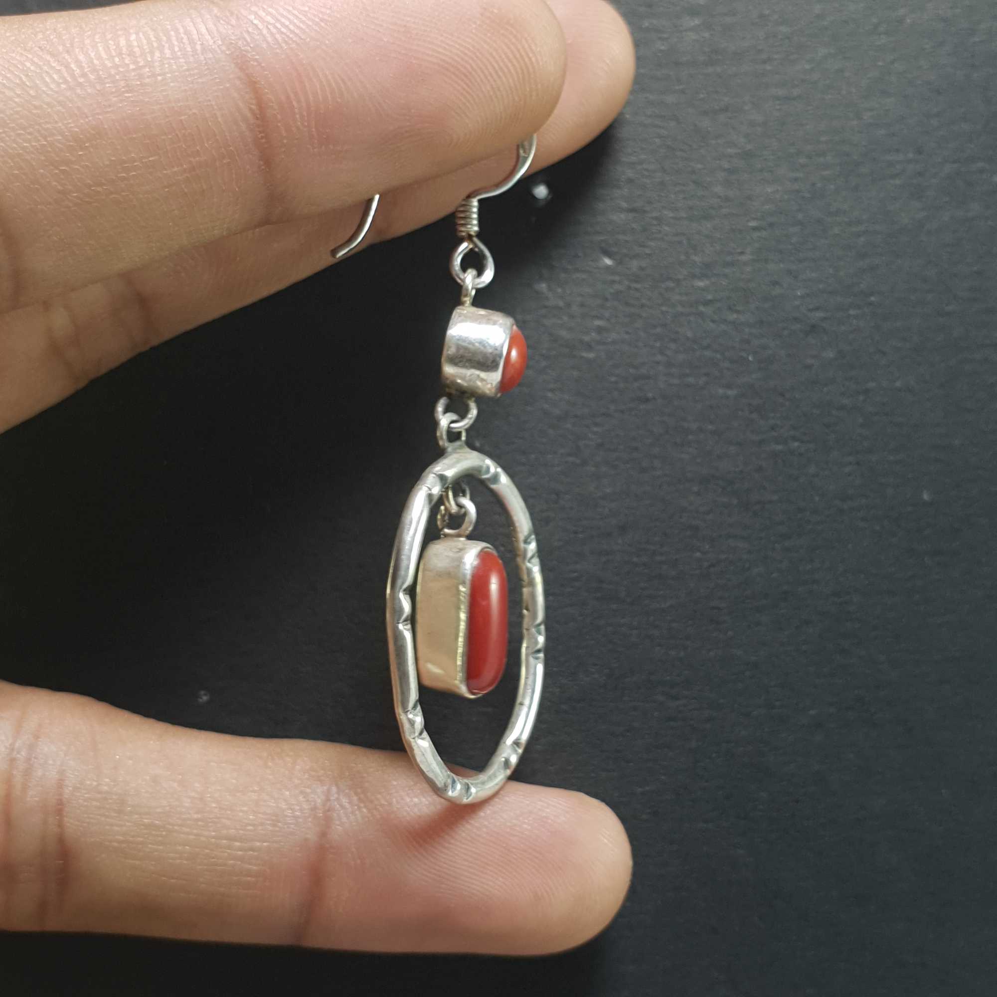 Silver Earrings With real Coral Stone