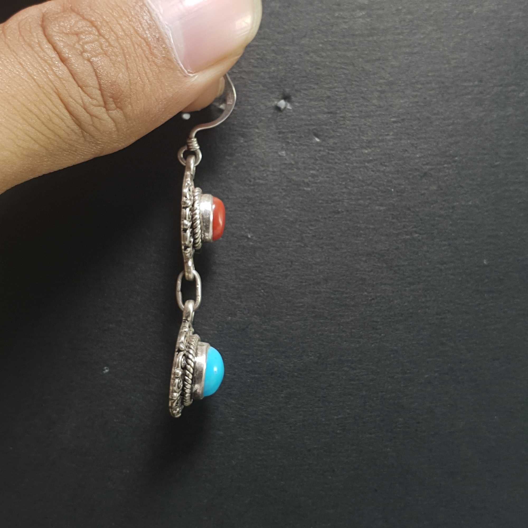 Silver Earrings With real Coral Stone