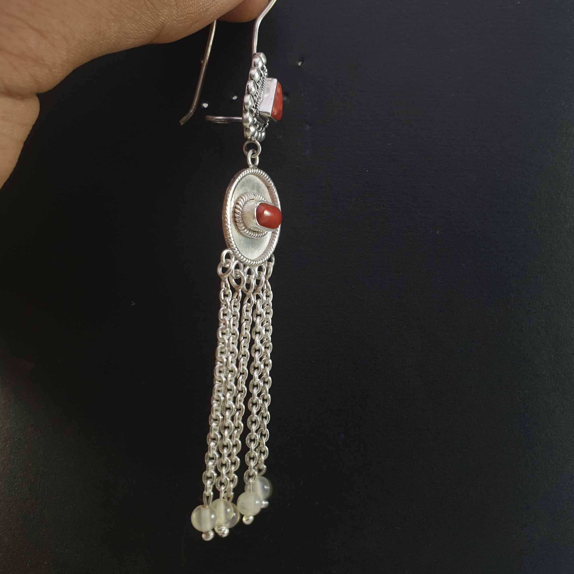 Silver Earrings With real Coral Stone