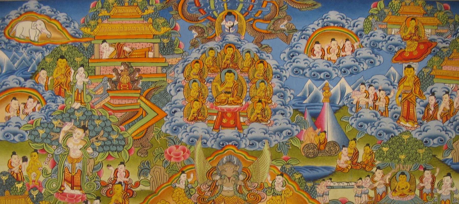 Tibetan Thangka Of Buddha Life Story, 24k Real Gold