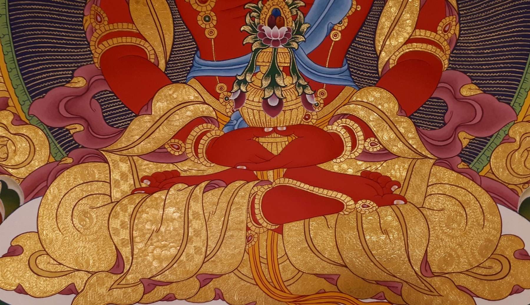 Tibetan Thangka Of Amitayus, 24k Real Gold