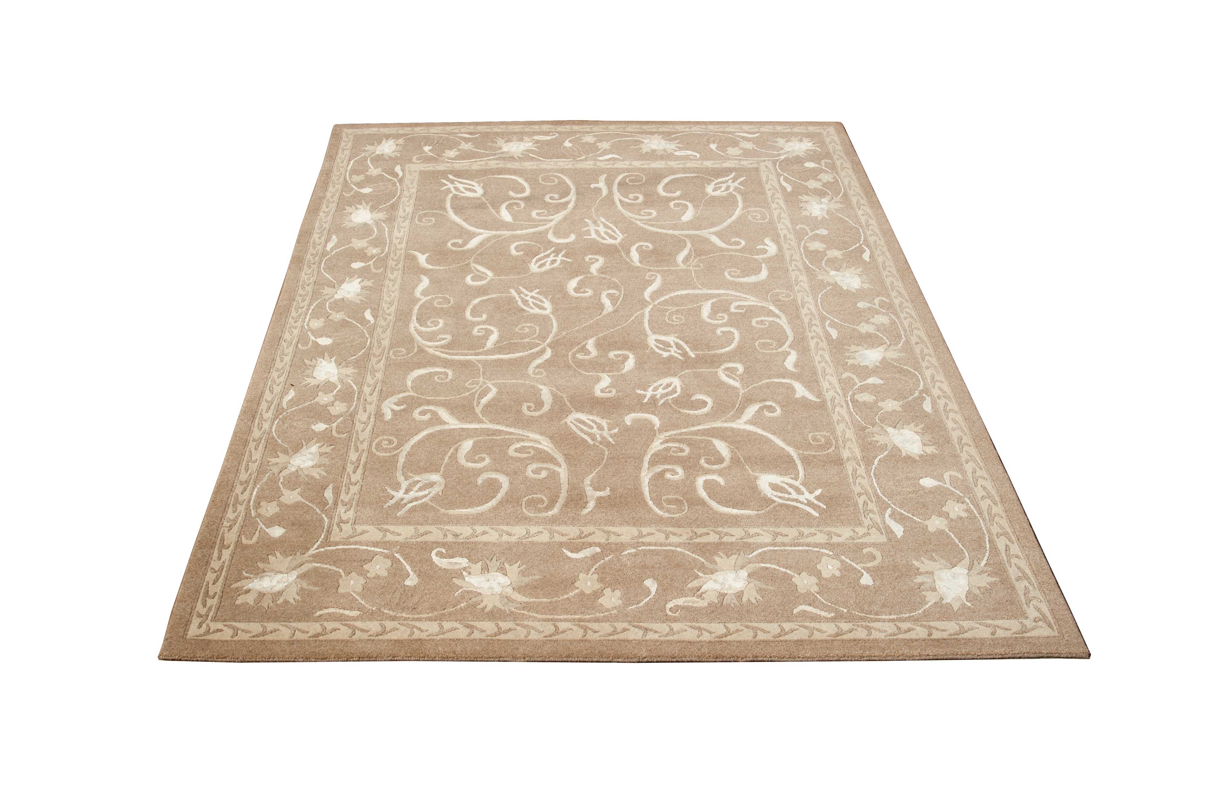Nepali Handmade Wool And Silk Flower Design Carpet, 100knots, Natural