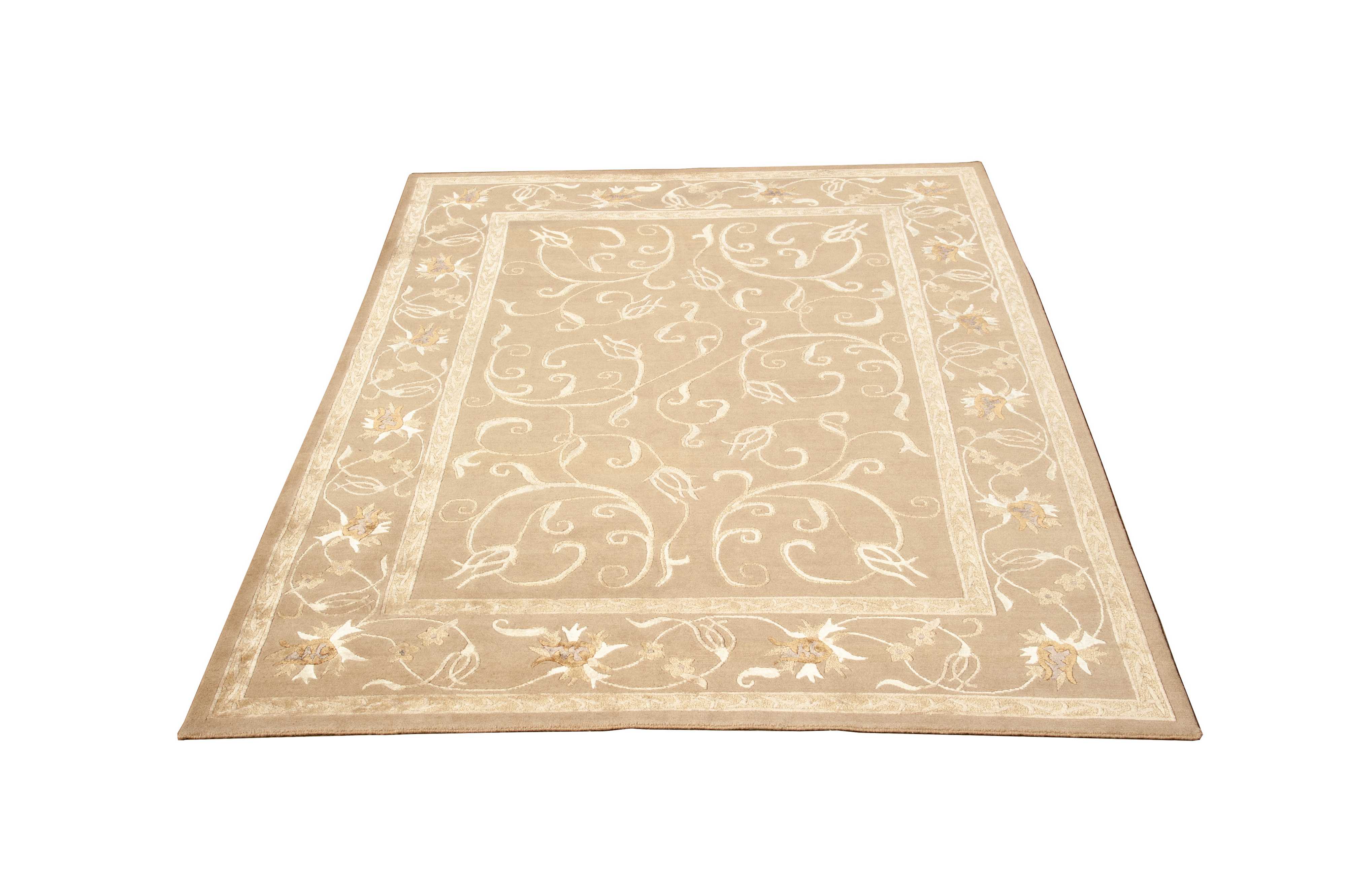 Nepali Handmade Wool And Silver Flower Design Carpet, 100knots, Natural