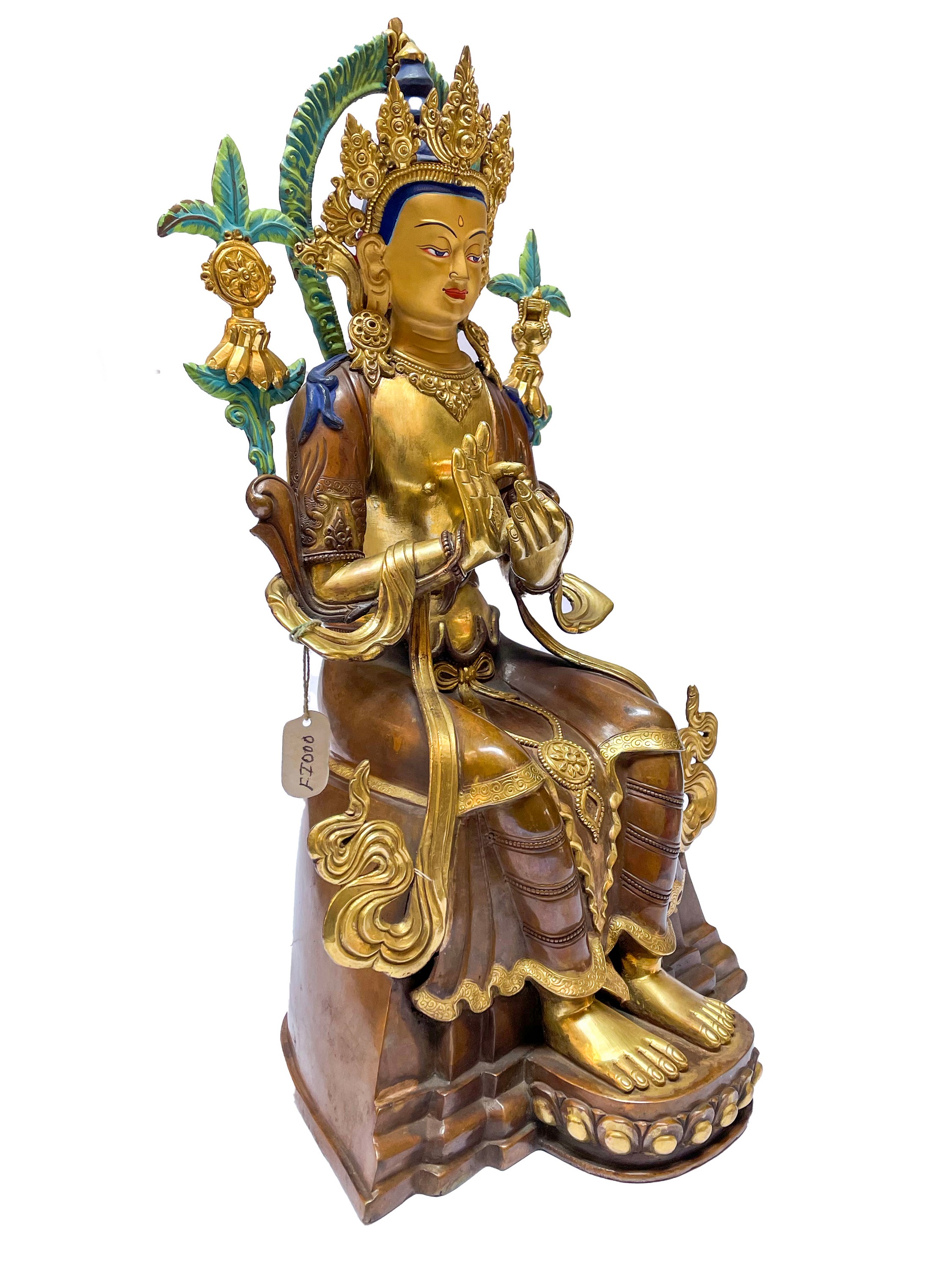 Nepali Statue Of Maitreya Buddha, partly Gold Plated, painted Face