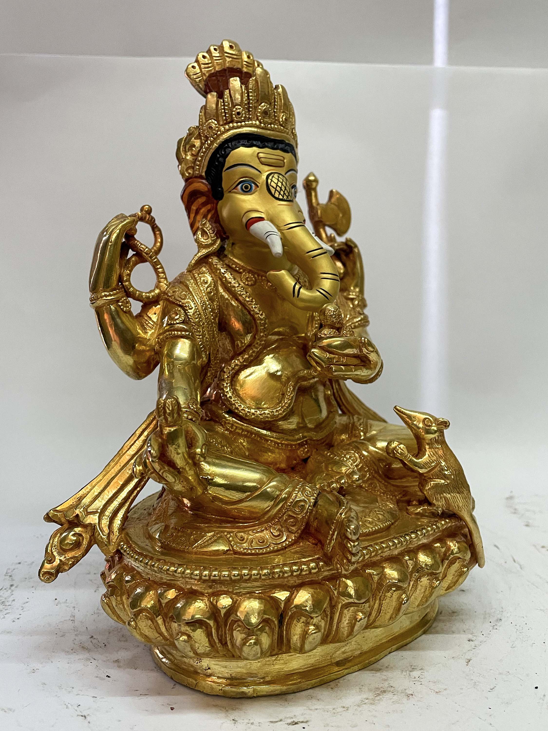 Nepali Handmade Statue Of Ganesh, full Fire Gold Plated, With painted Face