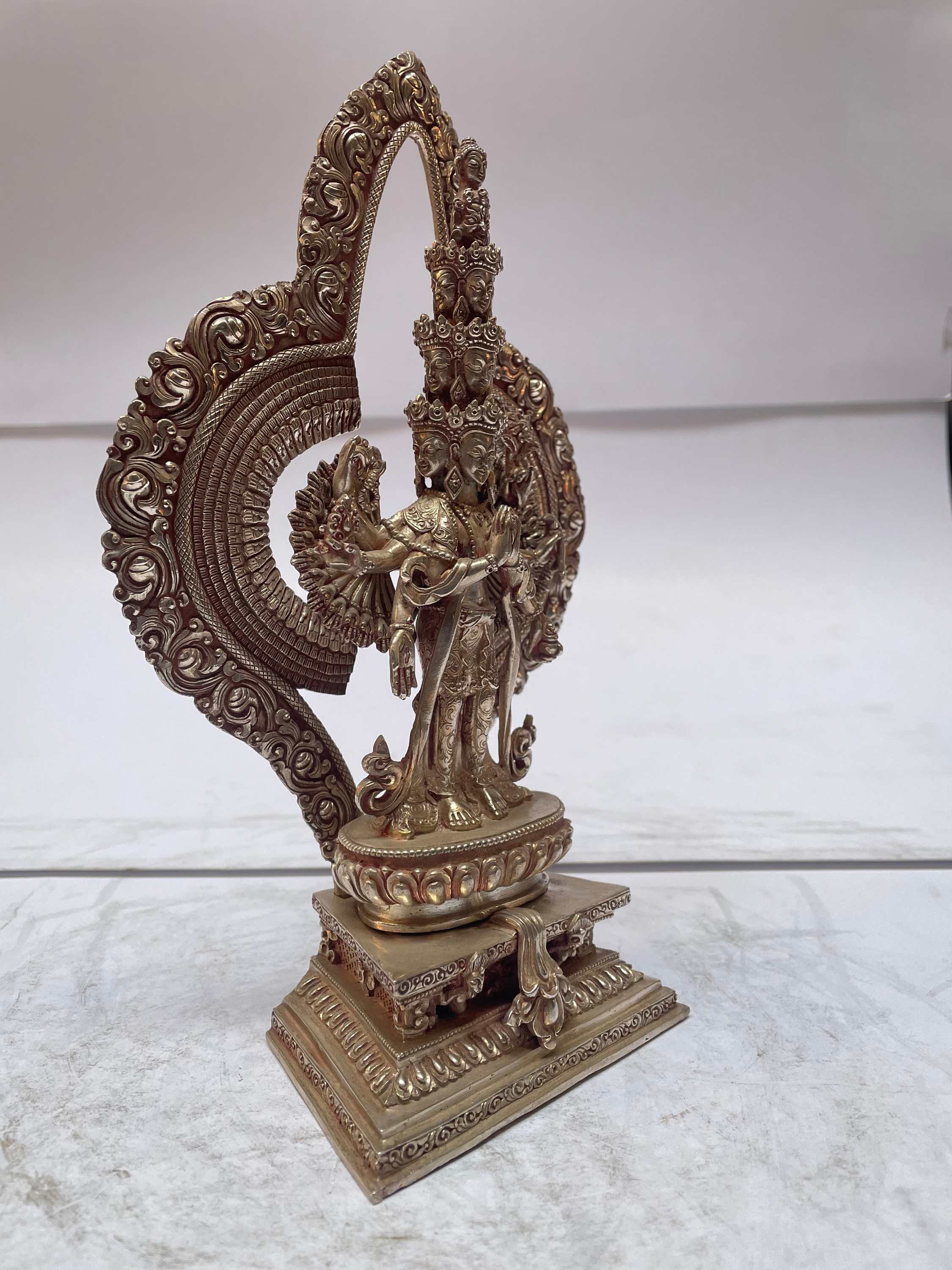 master Quality, Sterling Silver, 920 Gram Statue Of Sahasrabhuja Avalokitesvara, old Stock