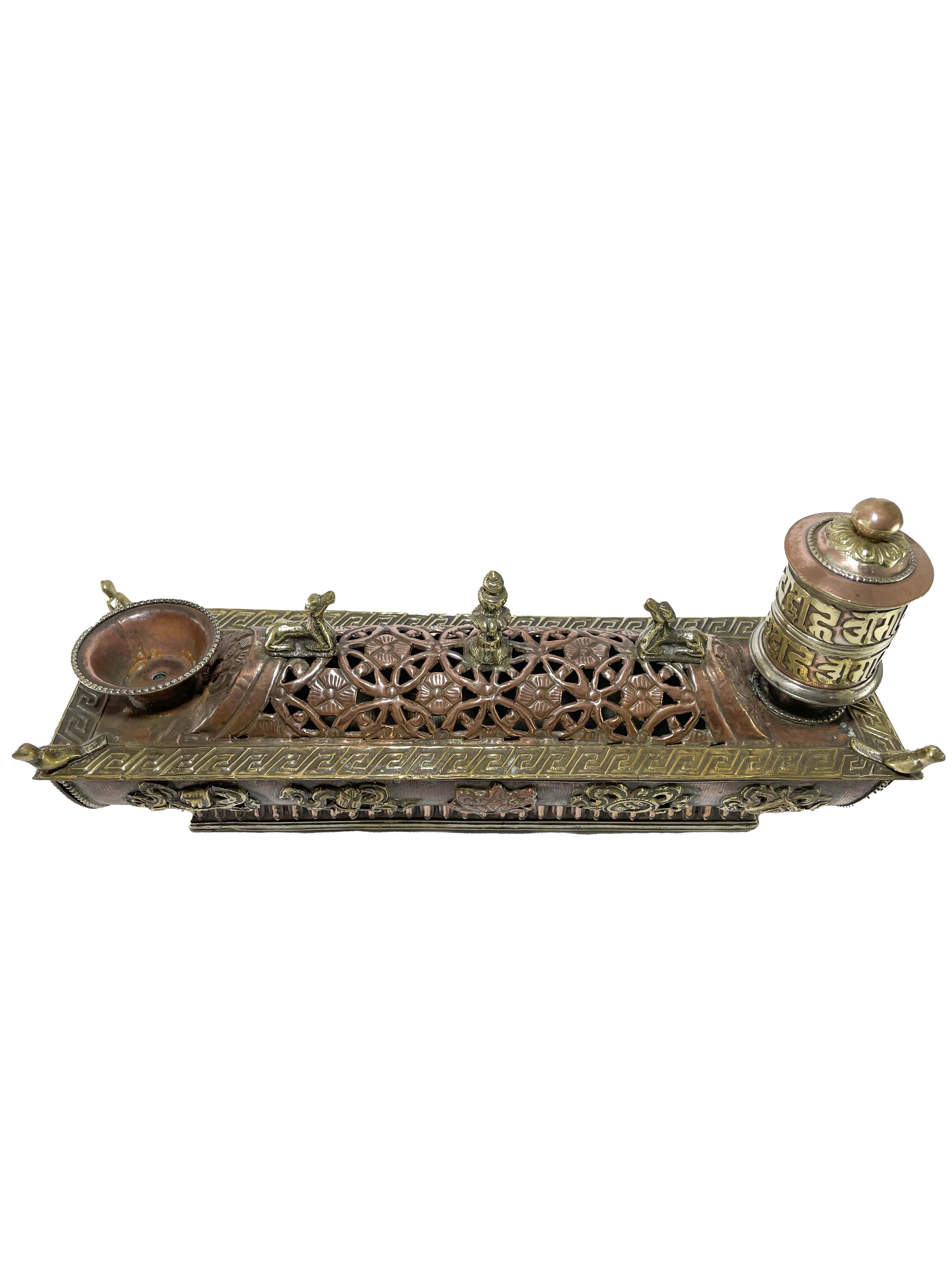 Hand Beaten Metal Incense Burner, With Prayer Wheel