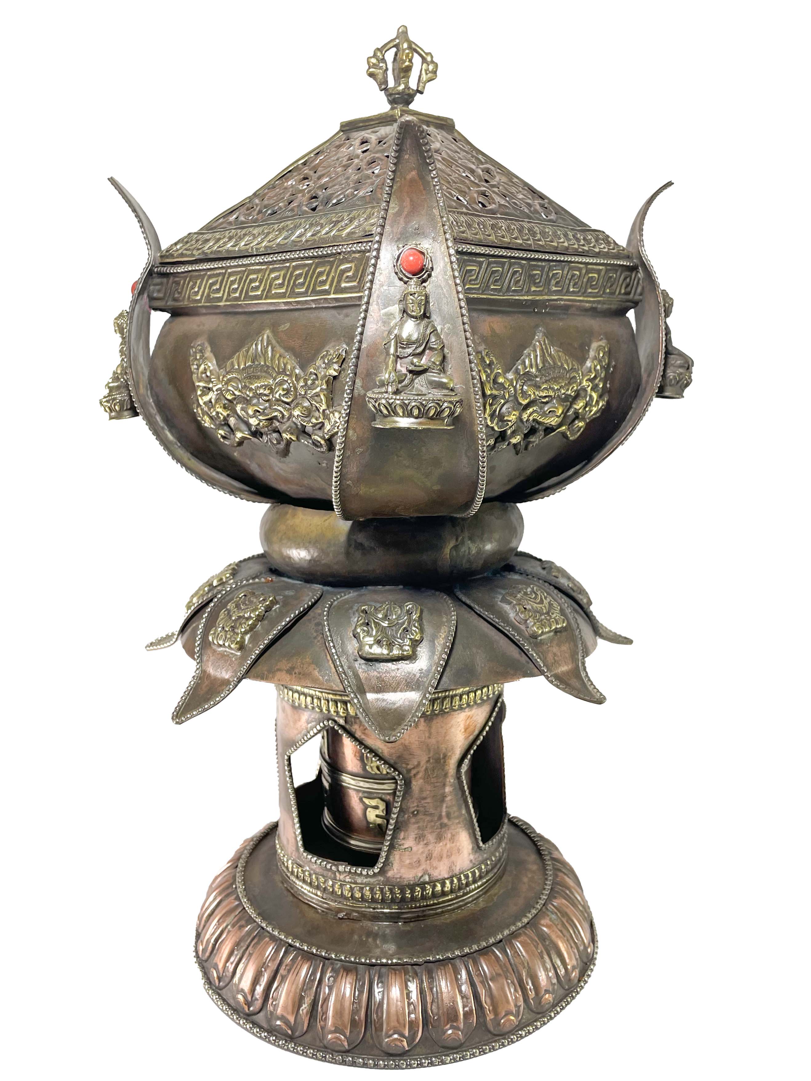 Hand Beaten Metal Incense Burner, Lotus Design With Stand And Prayer Wheel, makal, Maka, Incense Burner