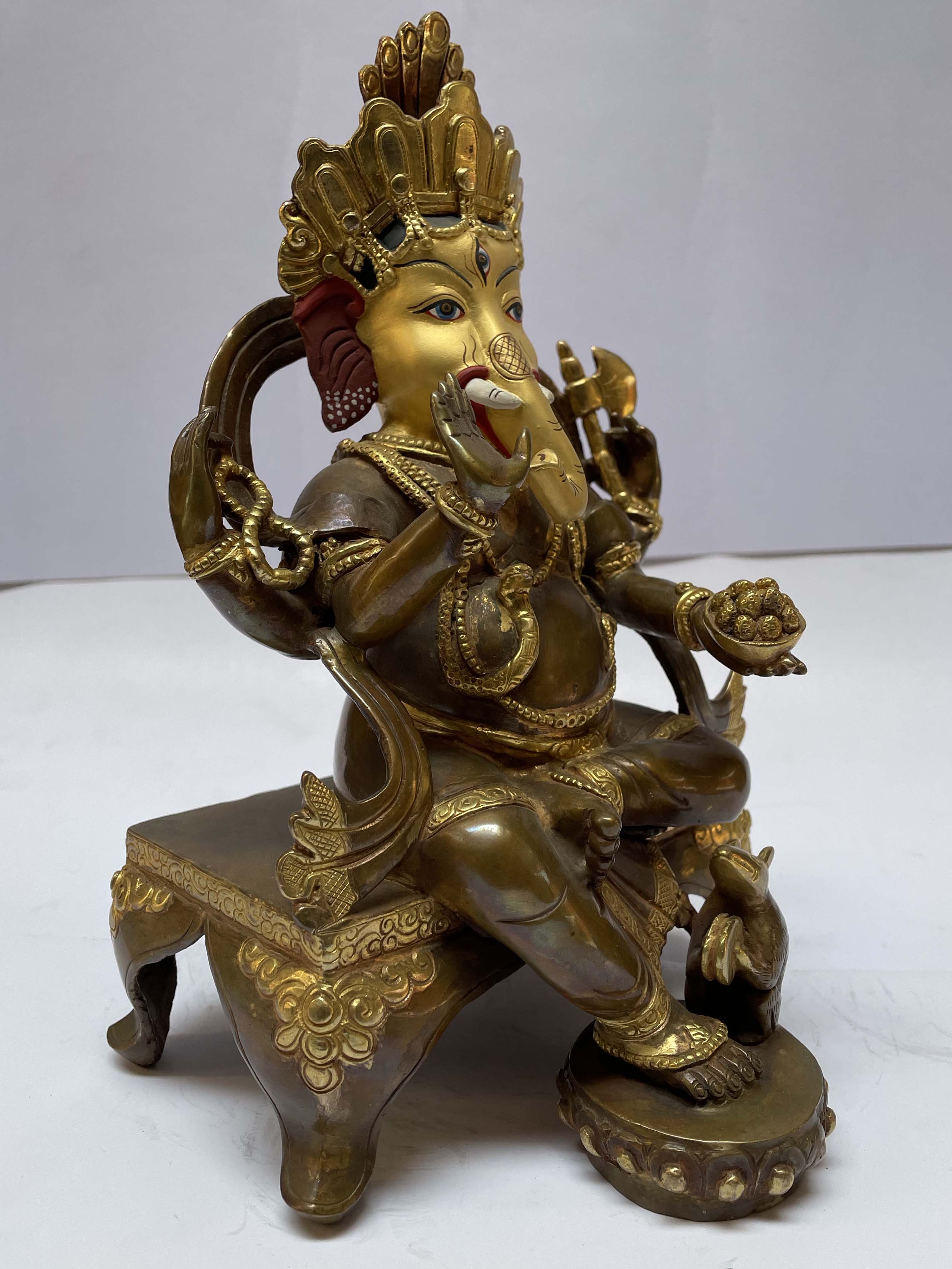 Nepali Handmade Statue Of Ganesh, partly Gold Plated, painted Face