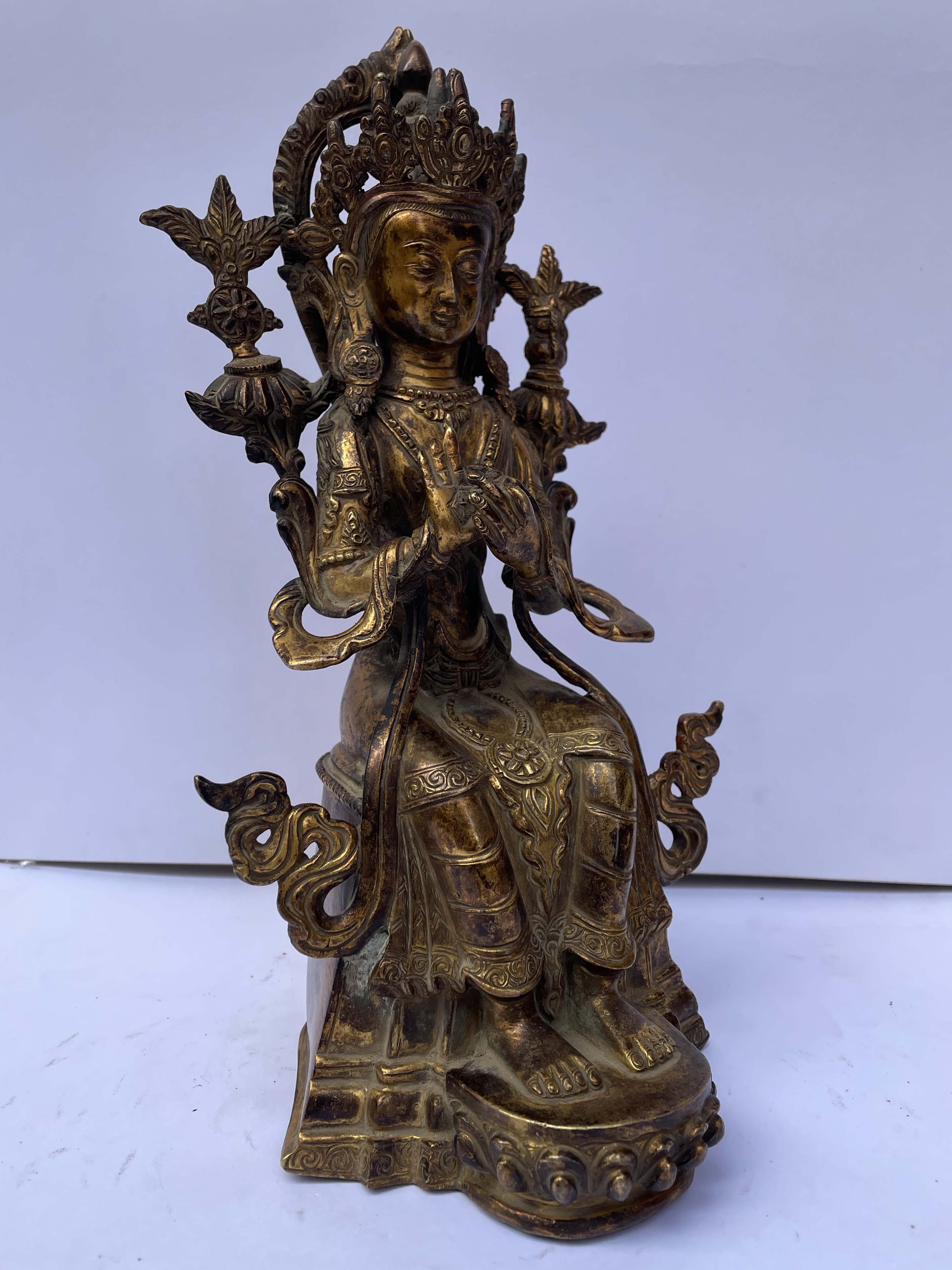 Buddhist Statue Of Maitreya Buddha, full Fire Gold Plated, Antique Finishing