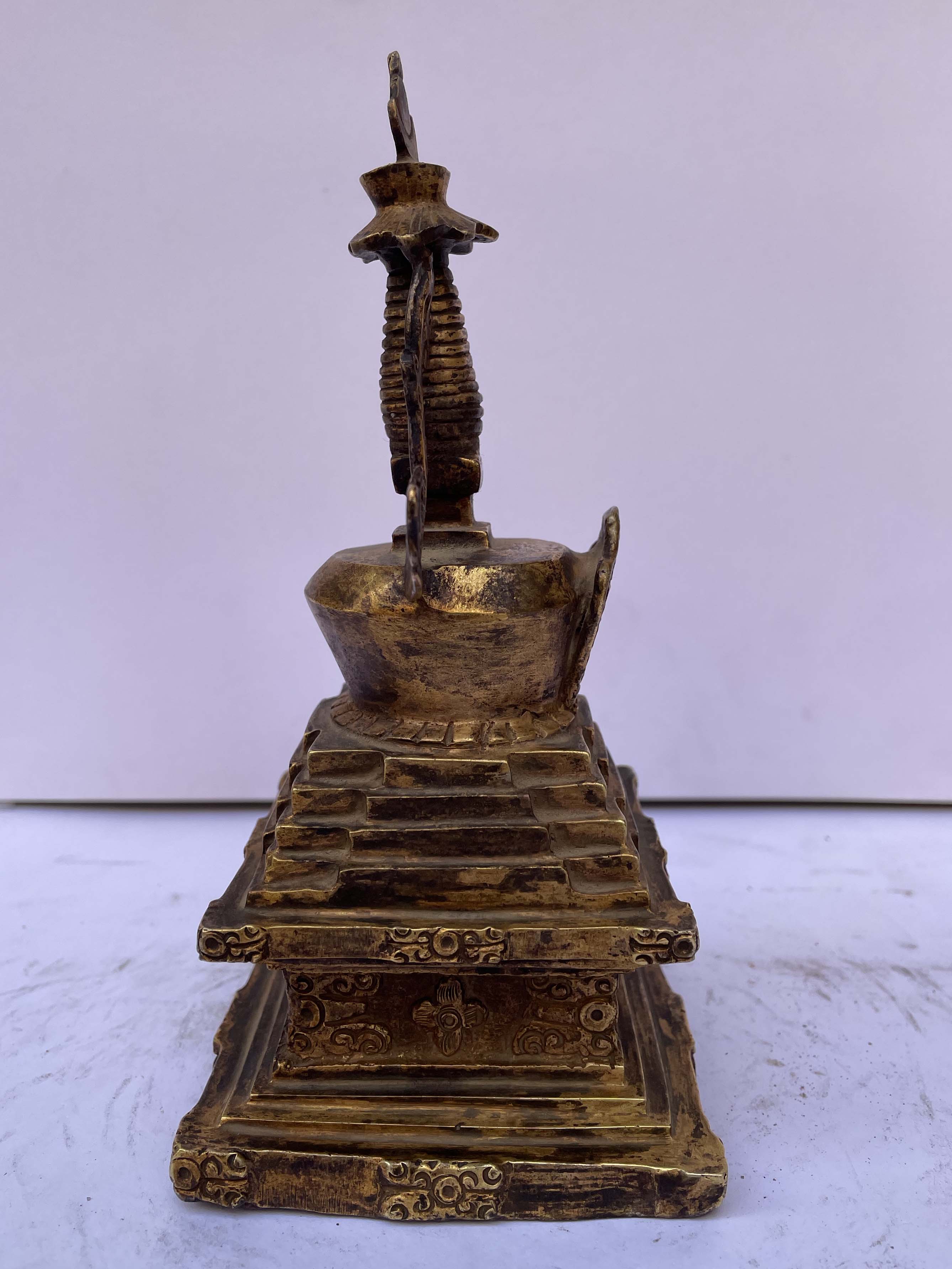 Buddhist Stupa Of Great Miracles - Chotrul Chorten, full Fire Gold Plated, Antique Finishing