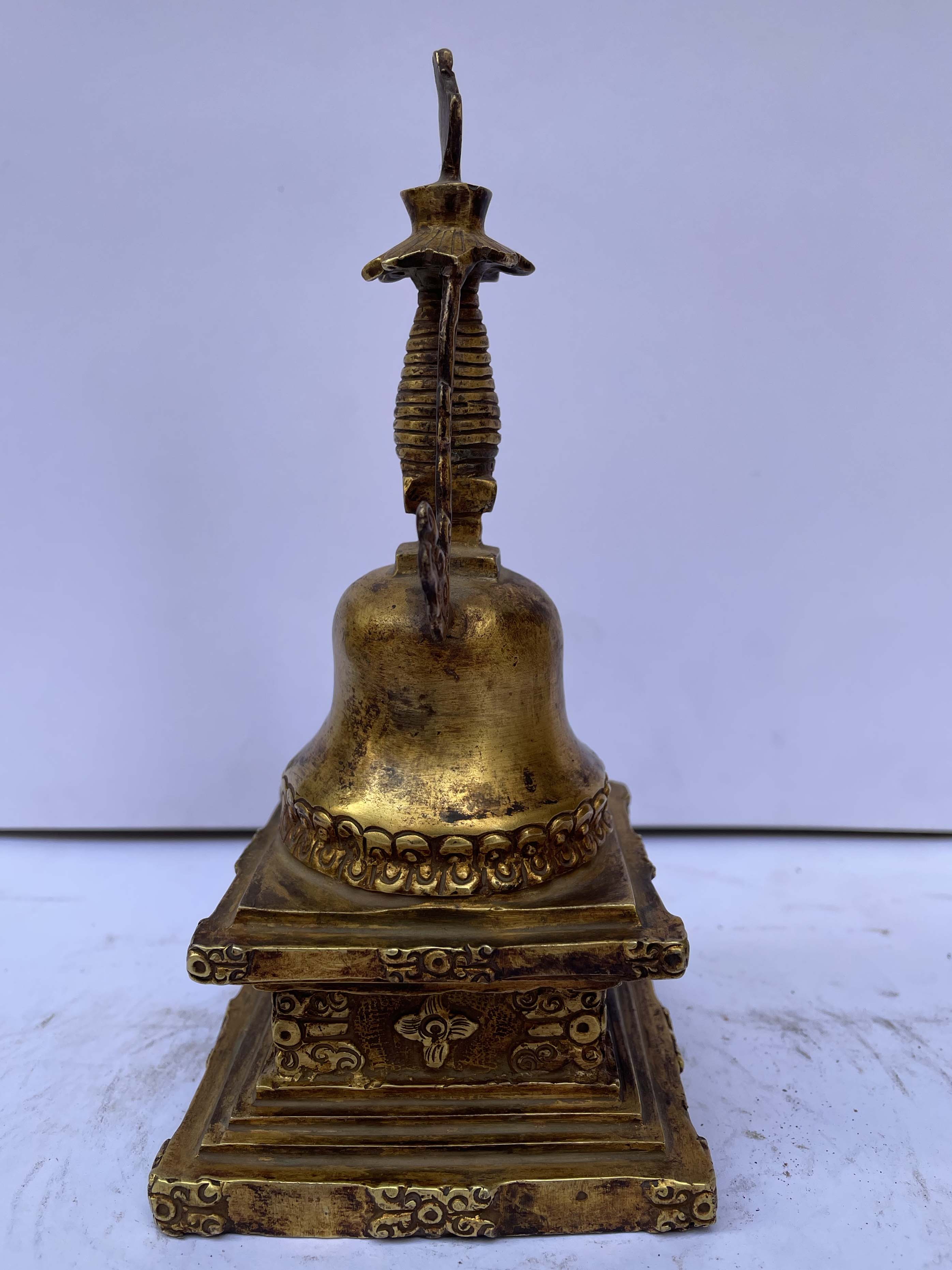 Buddhist Parinirvana Stupa - Nyangde Chorten, full Fire Gold Plated, Antique Finishing