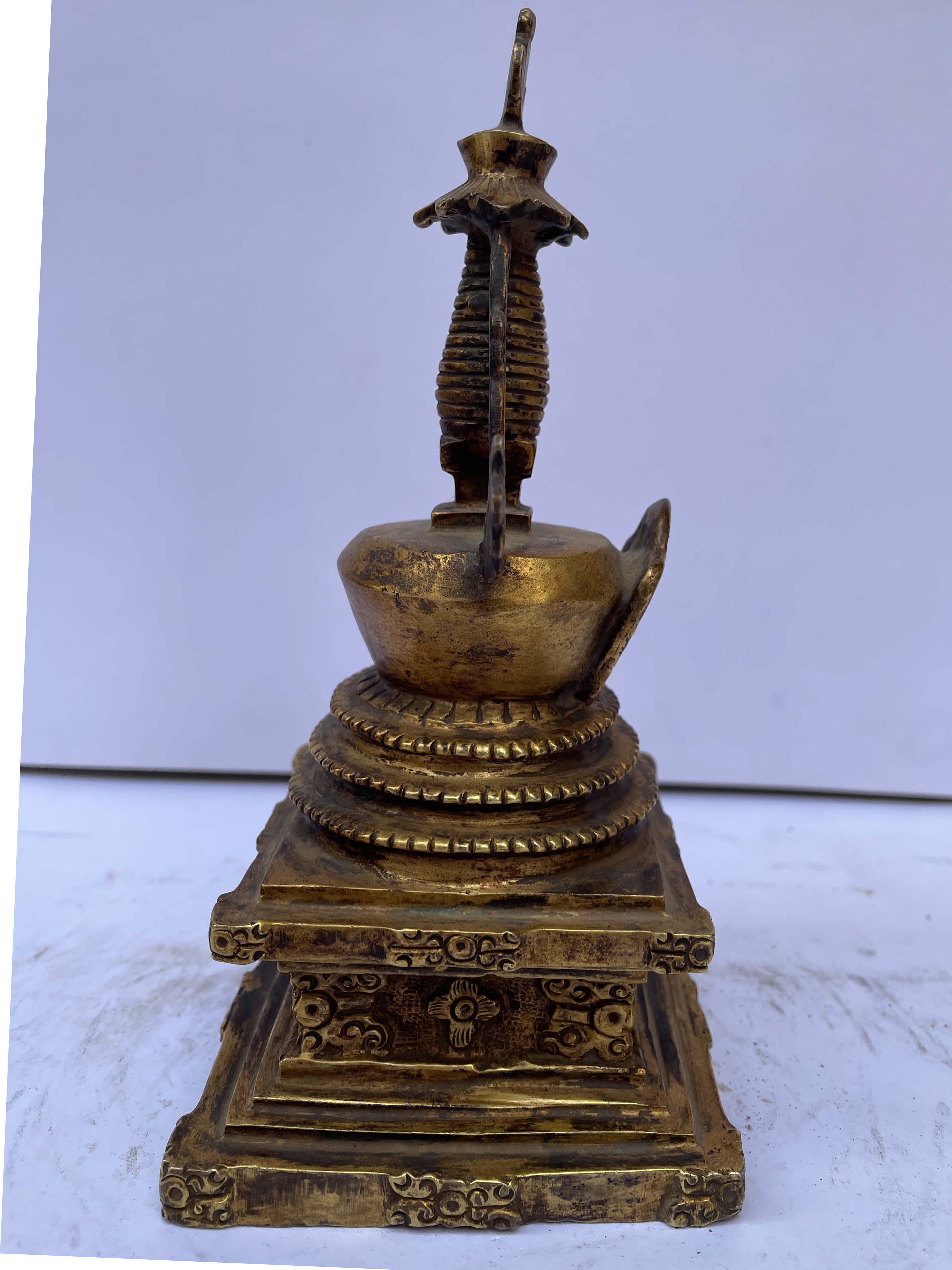 Buddhist Lotus Stupa - Pepung Chorten, full Fire Gold Plated, Antique Finishing