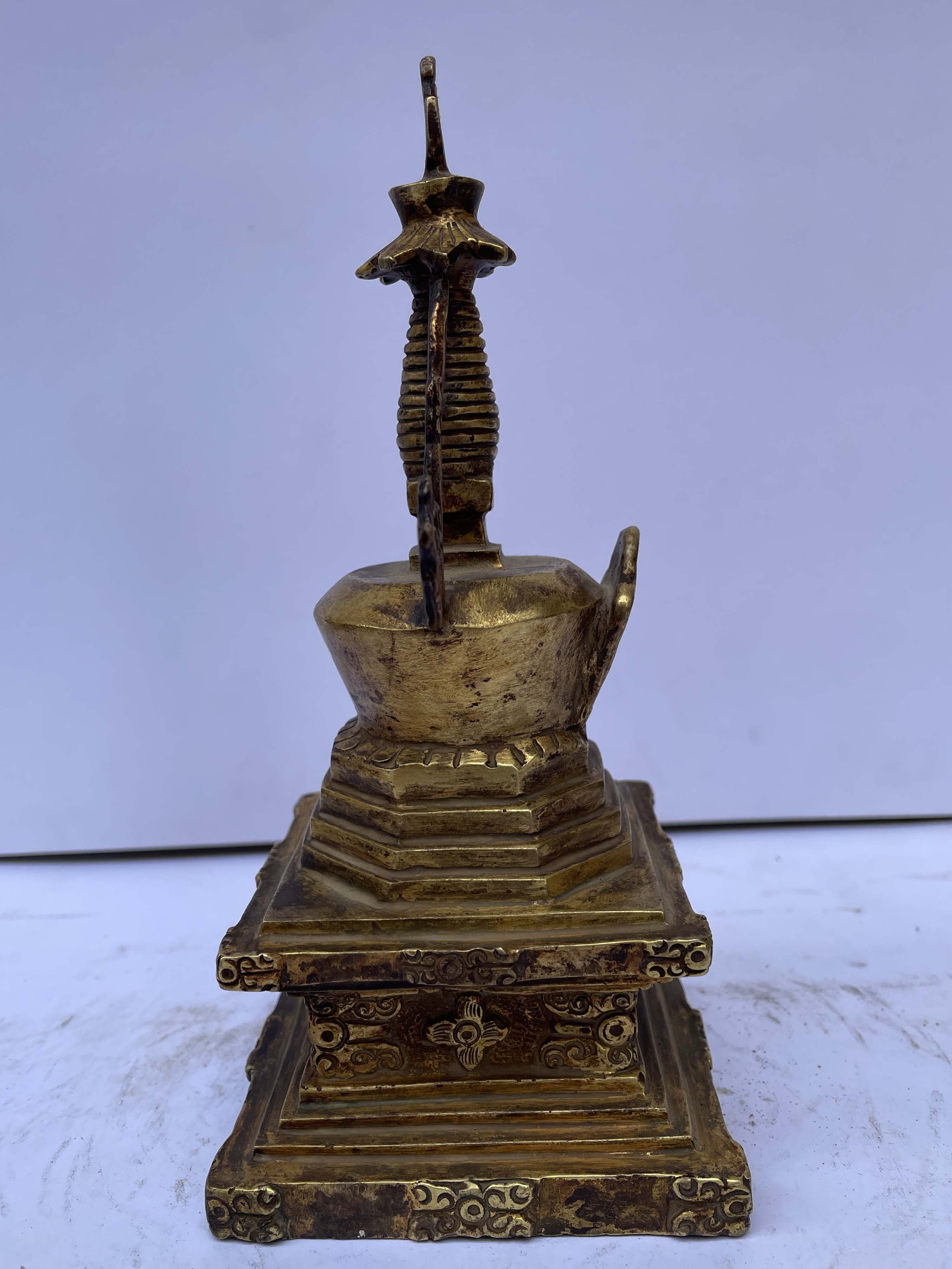 Buddhist Enlightenment Stupa- Jangchub Chorten, full Fire Gold Plated, Antique Finishing