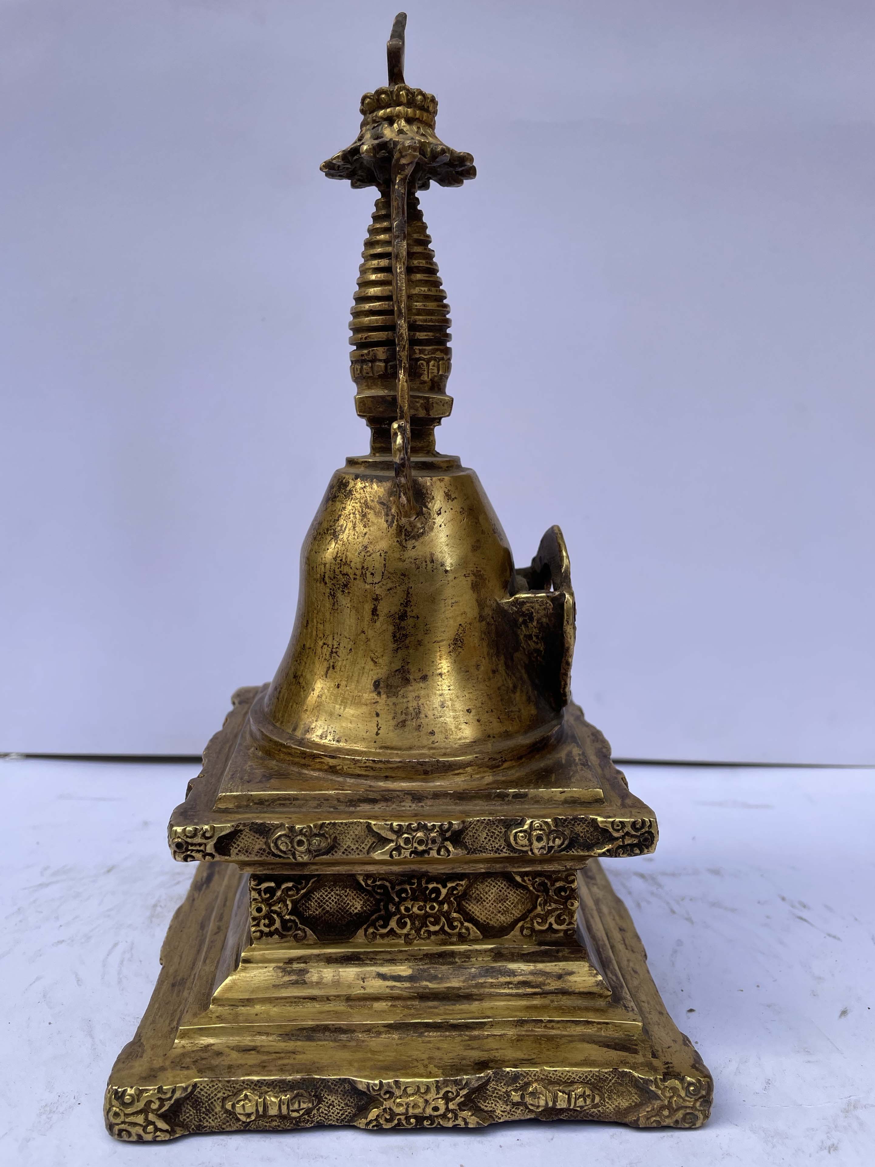 Buddhist Parinirvana Stupa -nyangde Chorten, full Fire Gold Plated, Antique Finishing