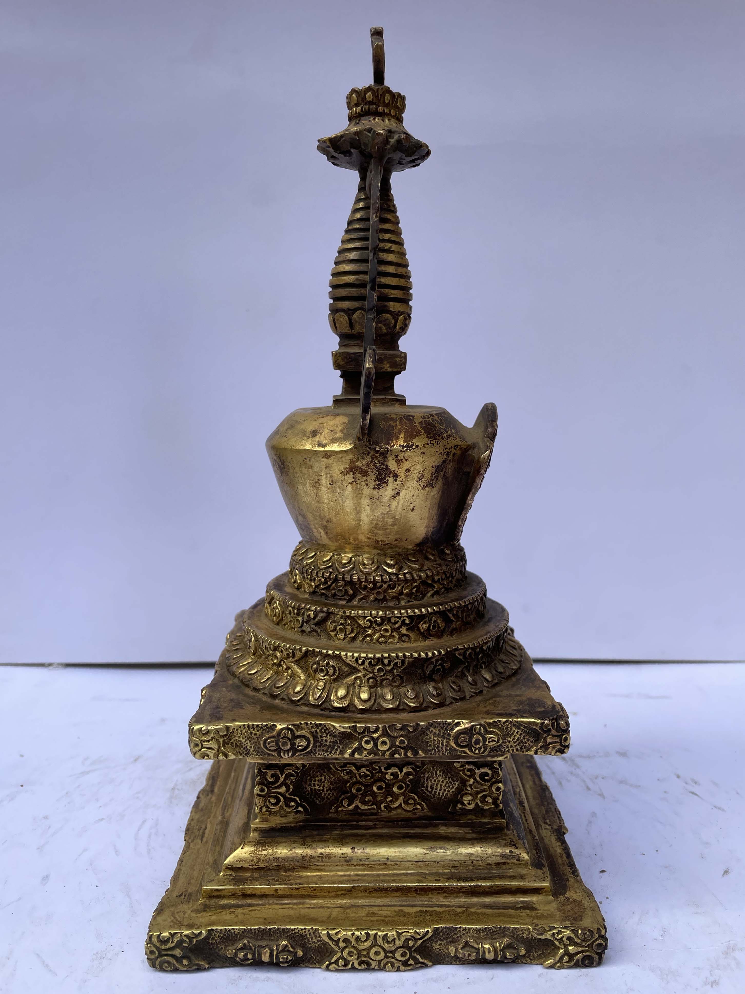 Buddhist Statue Of Stupa, full Fire Gold Plated, Antique Finishing