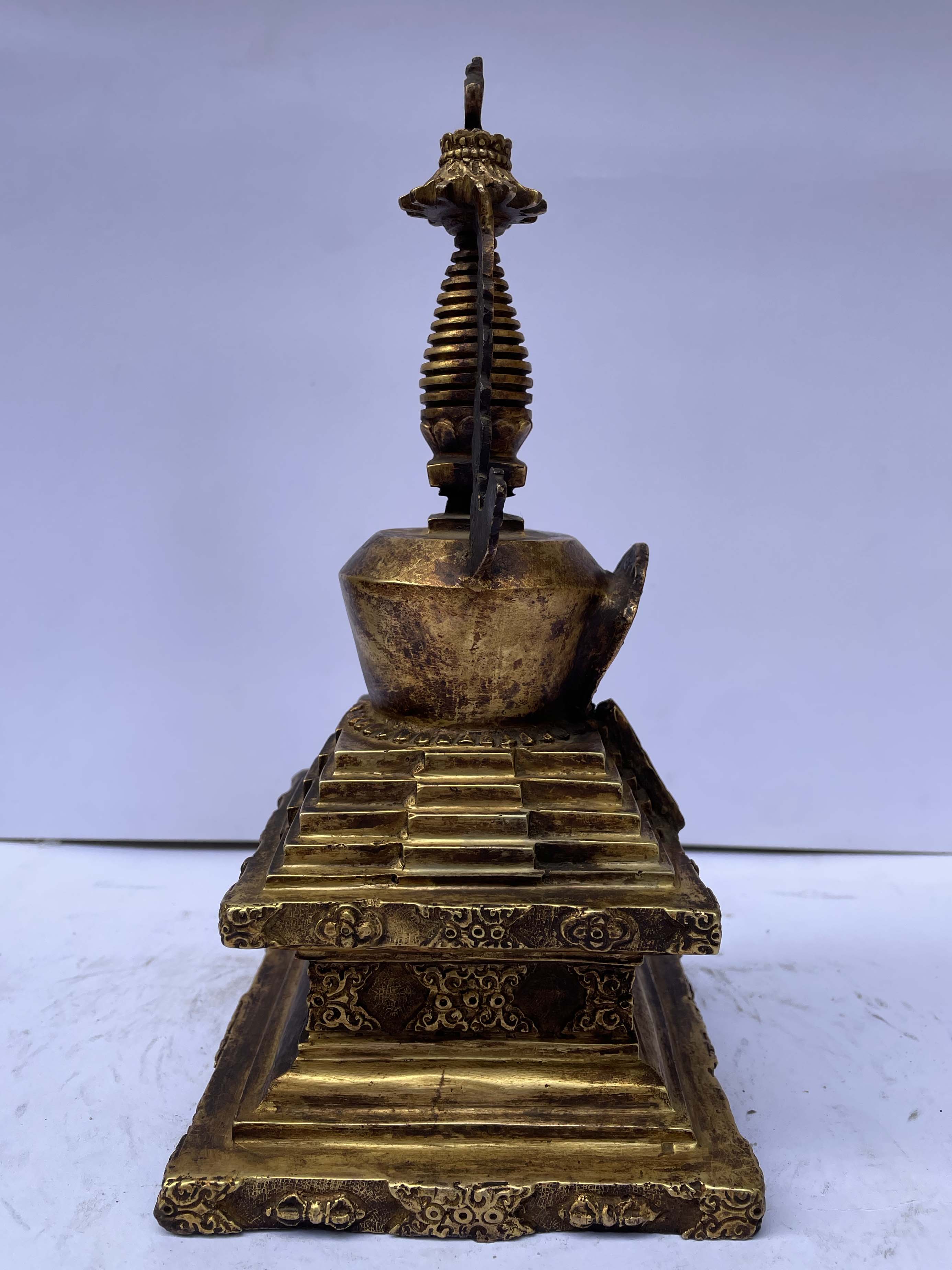 Buddhist Stupa Descent From God Realm -lhabab Chorten, full Fire Gold Plated, Antique Finishing