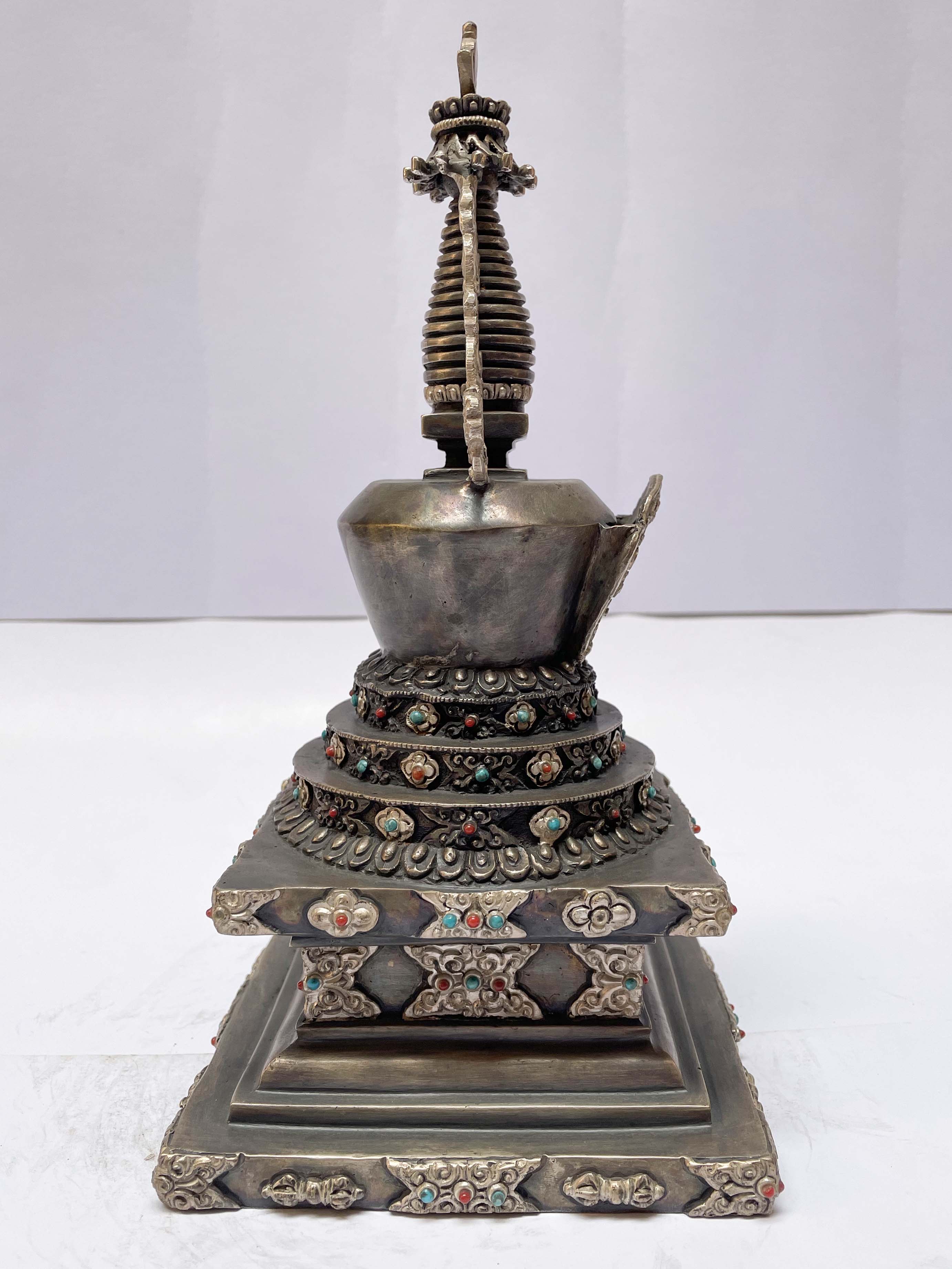 Buddhist Lotus Stupa- Pepung Chorten, silver And Chocolate Oxidized